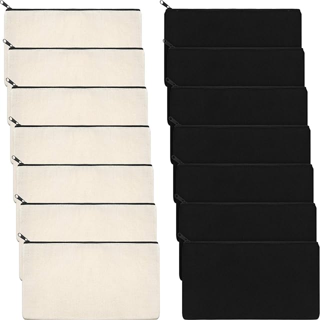 Canvas Makeup Bags Canvas Zipper Pouch Bags Pencil Case Blank DIY Craft Bags Cosmetic Pouch for Travel DIY Craft School (Black and Beige, 14 Pieces)