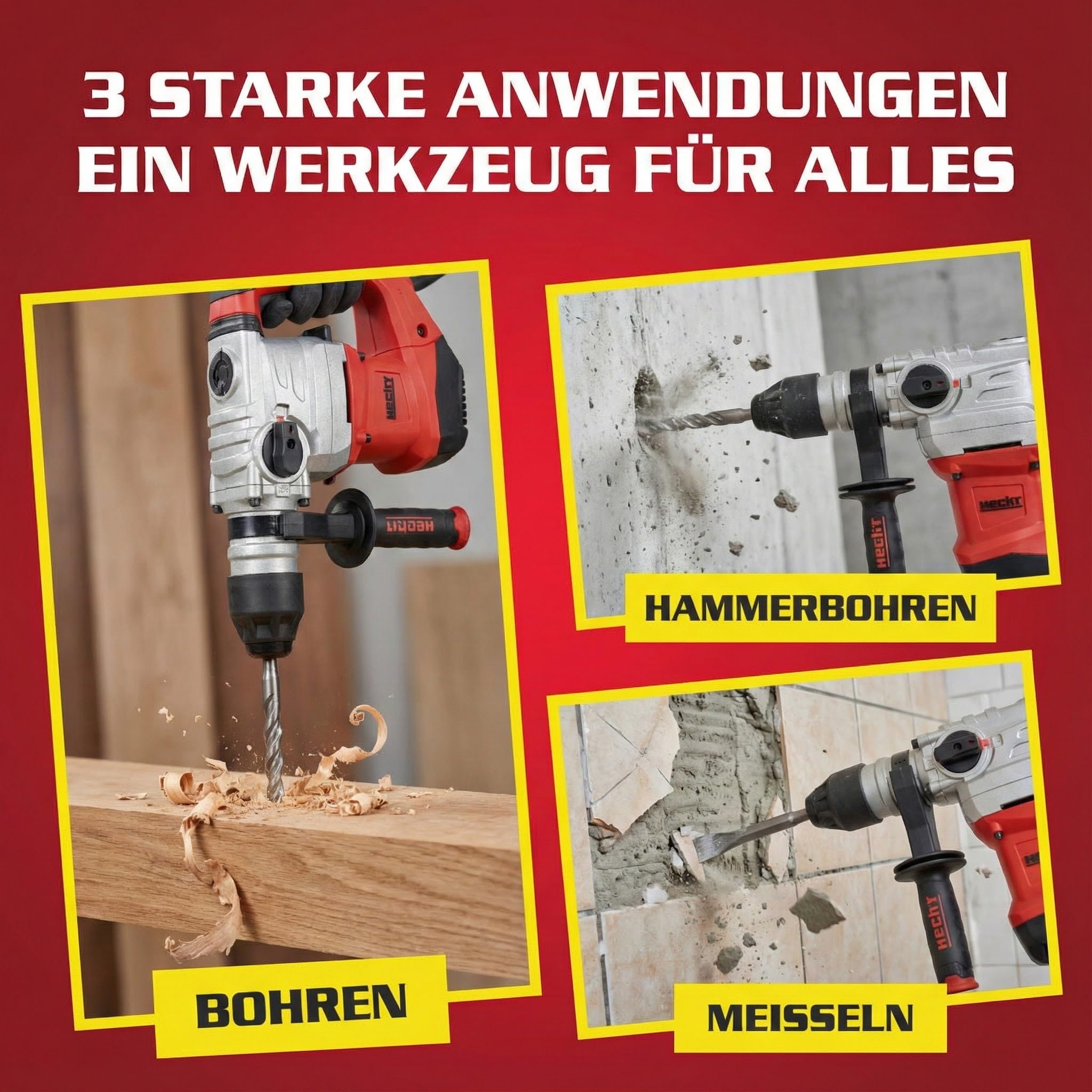 HECHT starkes Bohrhammer Set mit 1500 Watt (Zerstörer 2025) – Mit Zubehör, Meißel und Koffer – Perfekt für Beton – Mit Meißelfunktion (enorme 6 Joule) - Robuster Bohrhammer