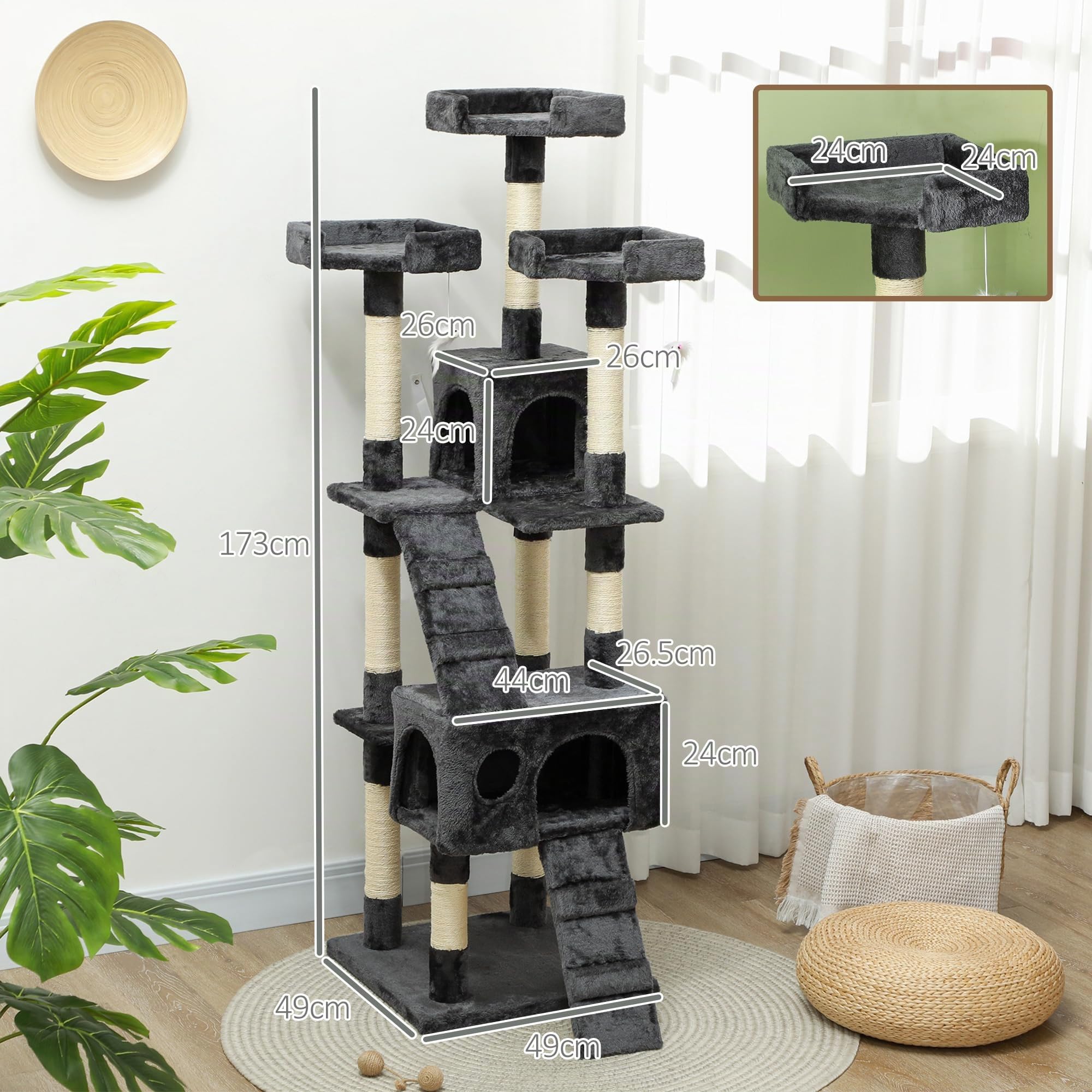 PawHut Albero Tiragraffi per Gatti con 3 Posatoi, 49x49x173 cm Grigio | 2 Casette e Giochi Appesi, Torre per Gatti, in Truciolato e Peluche