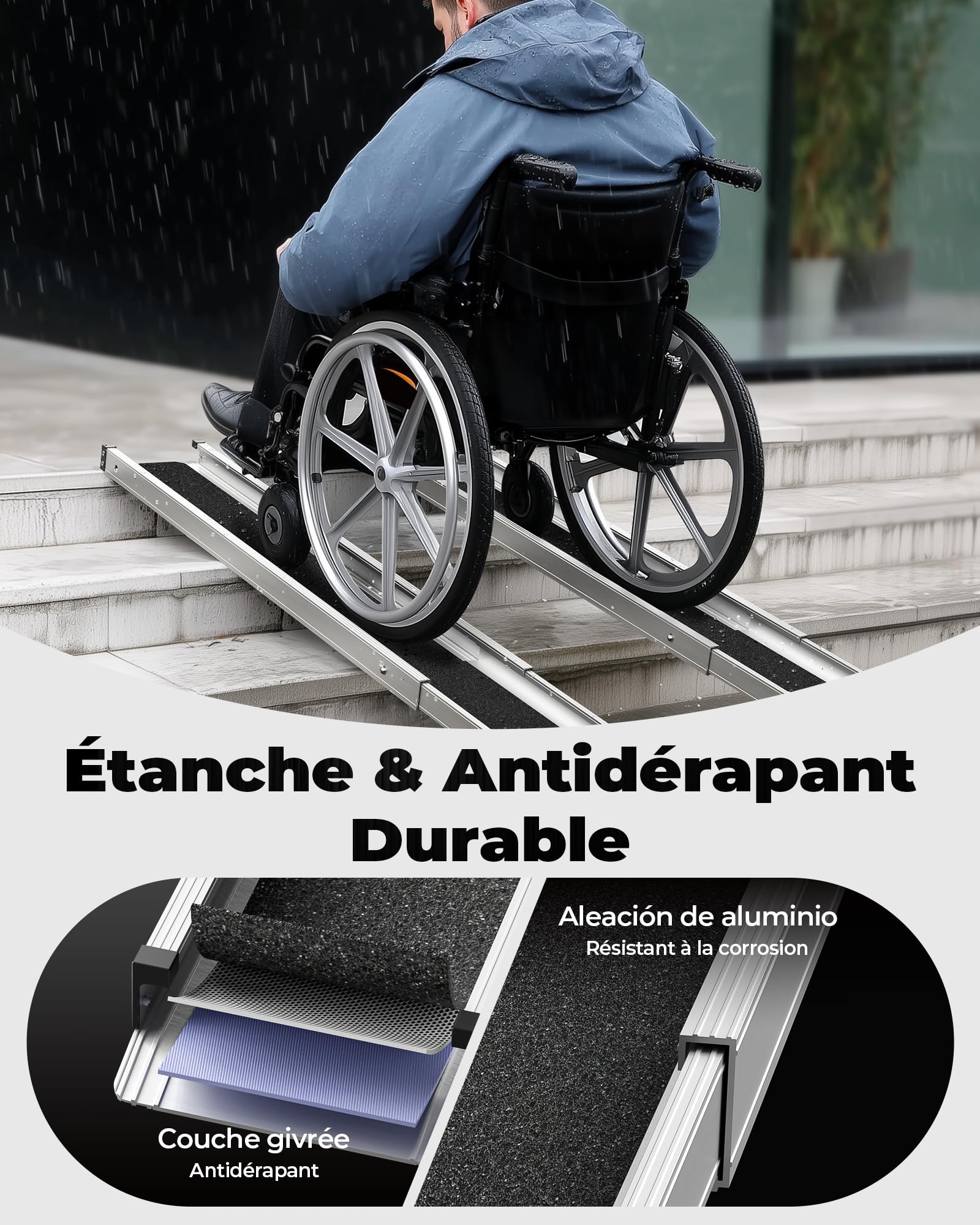 FACHNUO Rampe Télescopique pour Fauteuils Roulants 184 cm Rampe en Aluminium (Charge 272 kg) avec Sacs en Textile - pour escaliers, marches, Portes, Lot de 2
