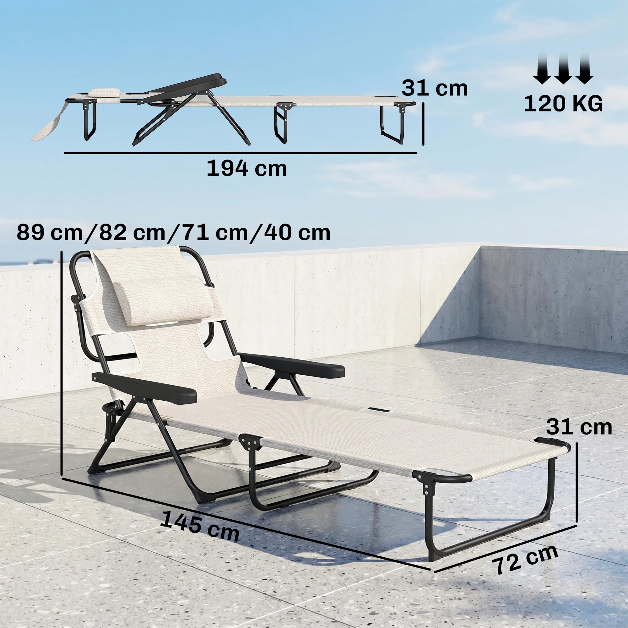 Outsunny Tumbona Plegable, Tumbona Jardín Exterior con Respaldo Ajustable en 4 Posiciones, Orificio de Lectura, Reposacabezas y Brazos, Carga 120 kg, para Terraza, Piscina, 145x72x89 cm, Crema