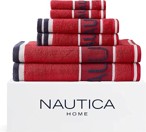 Nautica - Juego de 6 toallas de baño algodón suave y absorbente decoración de baño de peso medio esenciales para dormitorio rojo radar 6 piezas