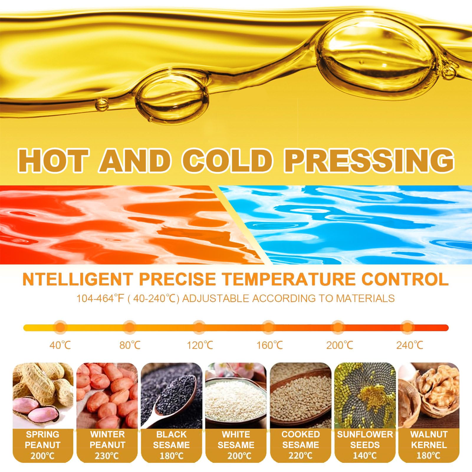 Presse à huile électrique pour graines de lin et noix de cuisine, avec panneau de réglage de la température (50-250 ℃) et vitesse de pressage : 3-5 kg/h et prend en charge le pressage à froid et à c