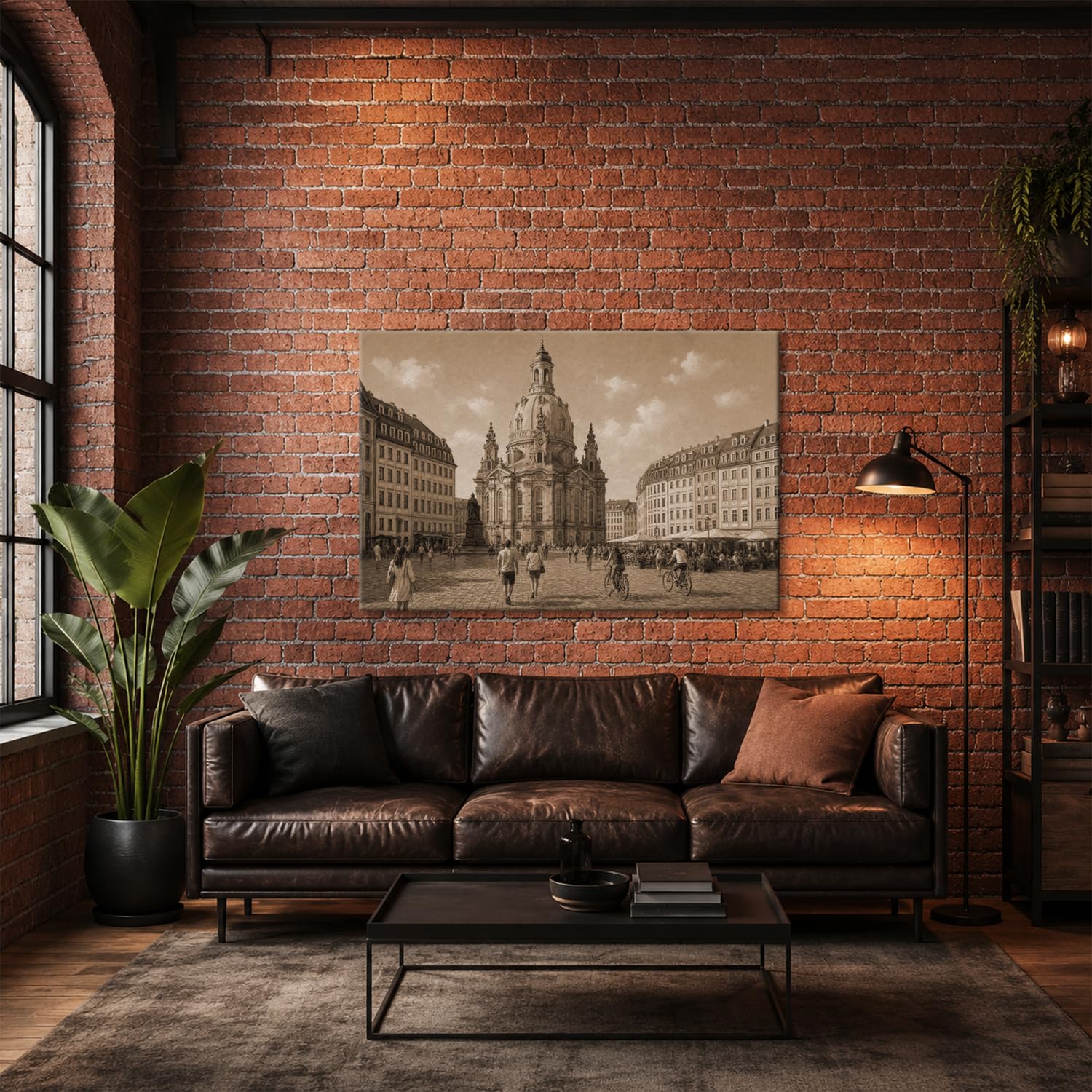deyoli Obraz na płótnie Ludzie przed historycznym kościołem Marii Panny 70x50cm Sepia