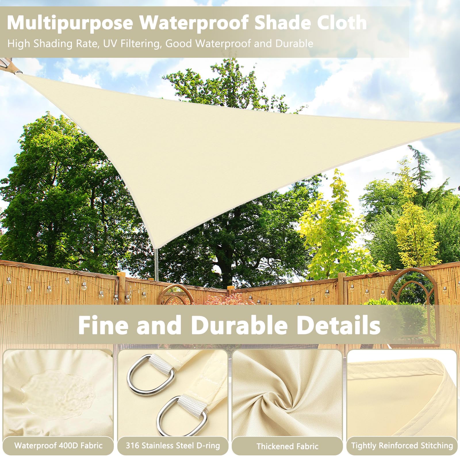 FAMKEEP Voile d'ombrage triangulaire 3 x 3 x 3 m, protection UV, pour jardin, balcon, terrasse, camping, résistant aux intempéries, avec cordes de fixation, couleur crème