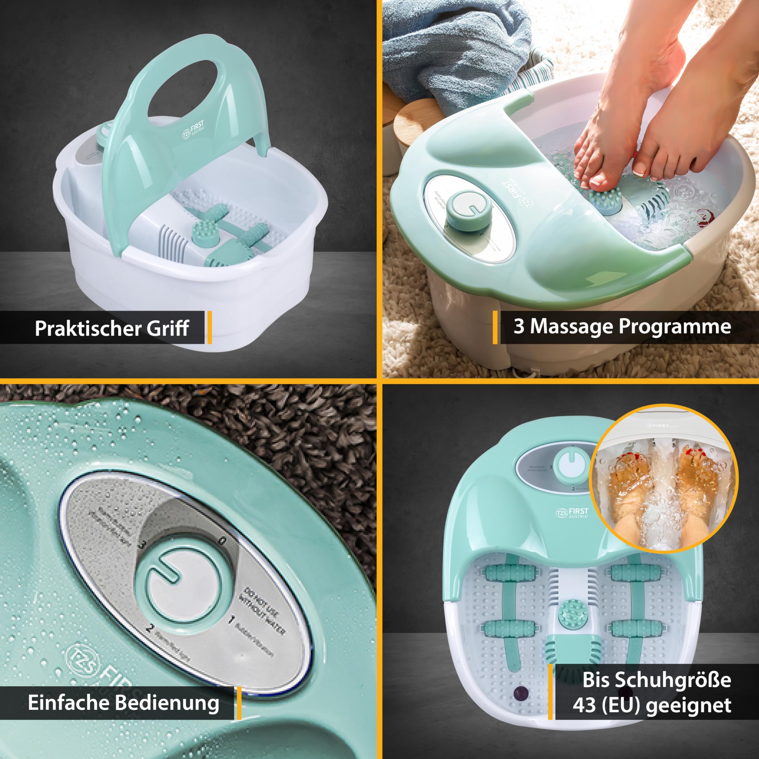 TZS First Austria - Fußbad mit Massagefunktion - 80W - Rotlicht & Warmhaltefunktion - Bis Schuhgröße 43 - Elektrisches Fußsprudelbad mit 3 Aufsätzen & Aromabox - Klappbarer Griff - Türkis