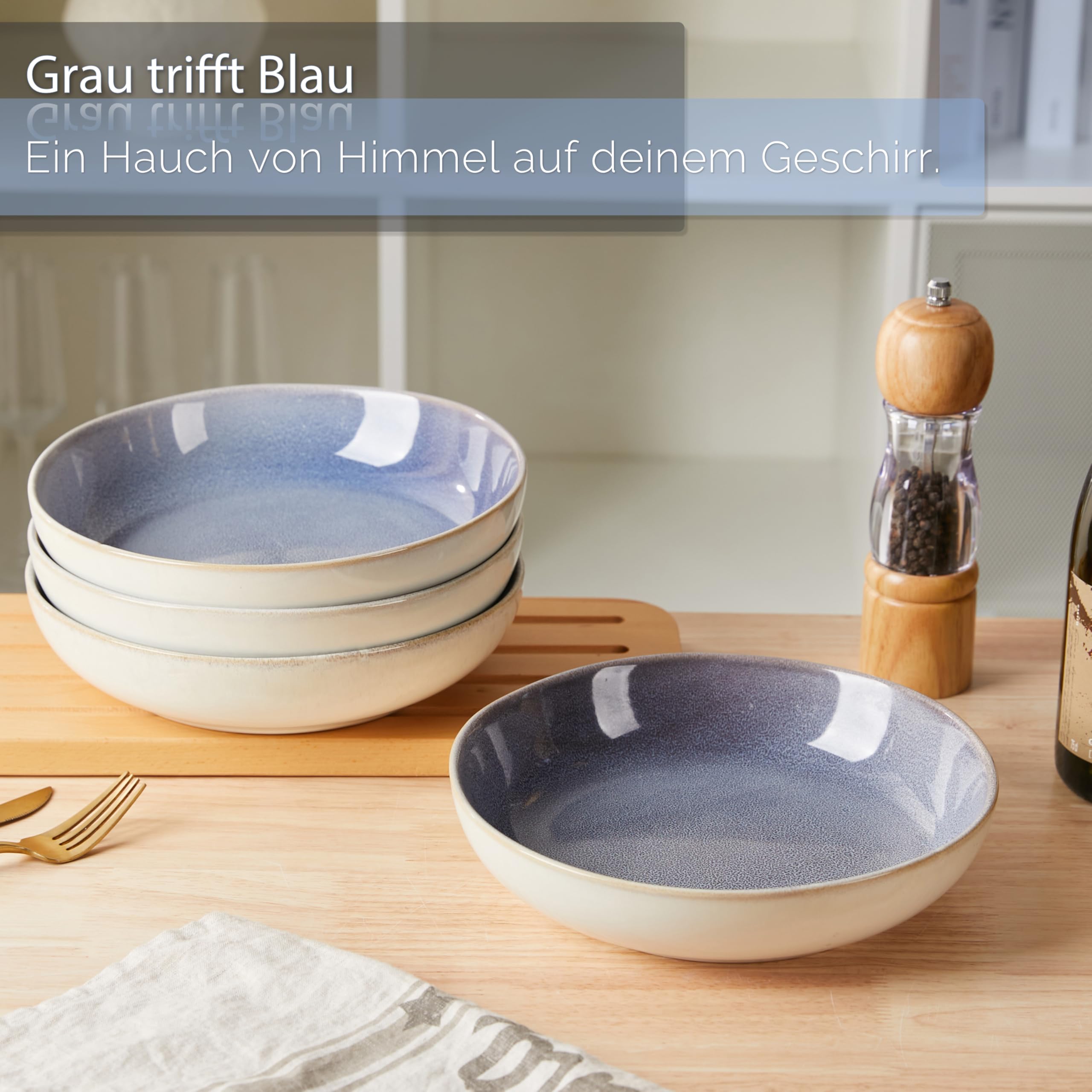 Jiwoo Geschirrset 16 tlg Tafelservice für 4 Personen aus Bone China | Mit Tellern, Suppentellern & Schüsseln – handgefertigte Reaktivglasur, Bone China, spülmaschinen- & mikrowellengeeignet