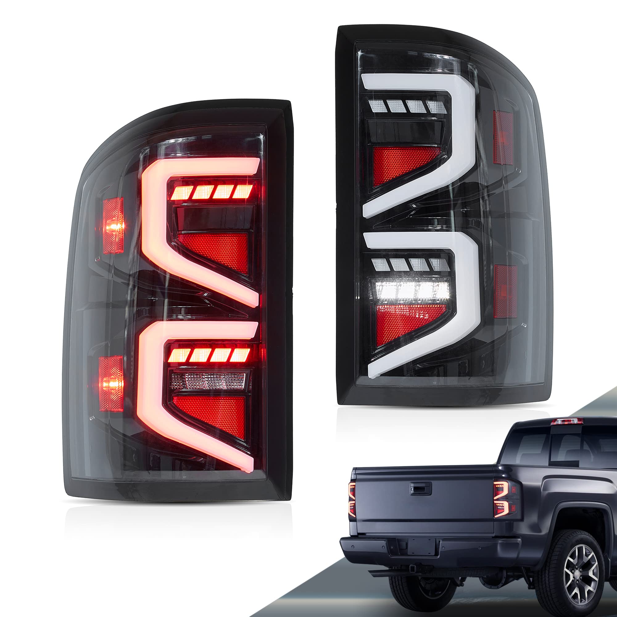 VLAND Led Tail lights Compatible with GMC Sierra 2014-2018(Not for Models w/Factory LED Light) w/Dynamic Animation w/Red Turn Signal, Passenger&