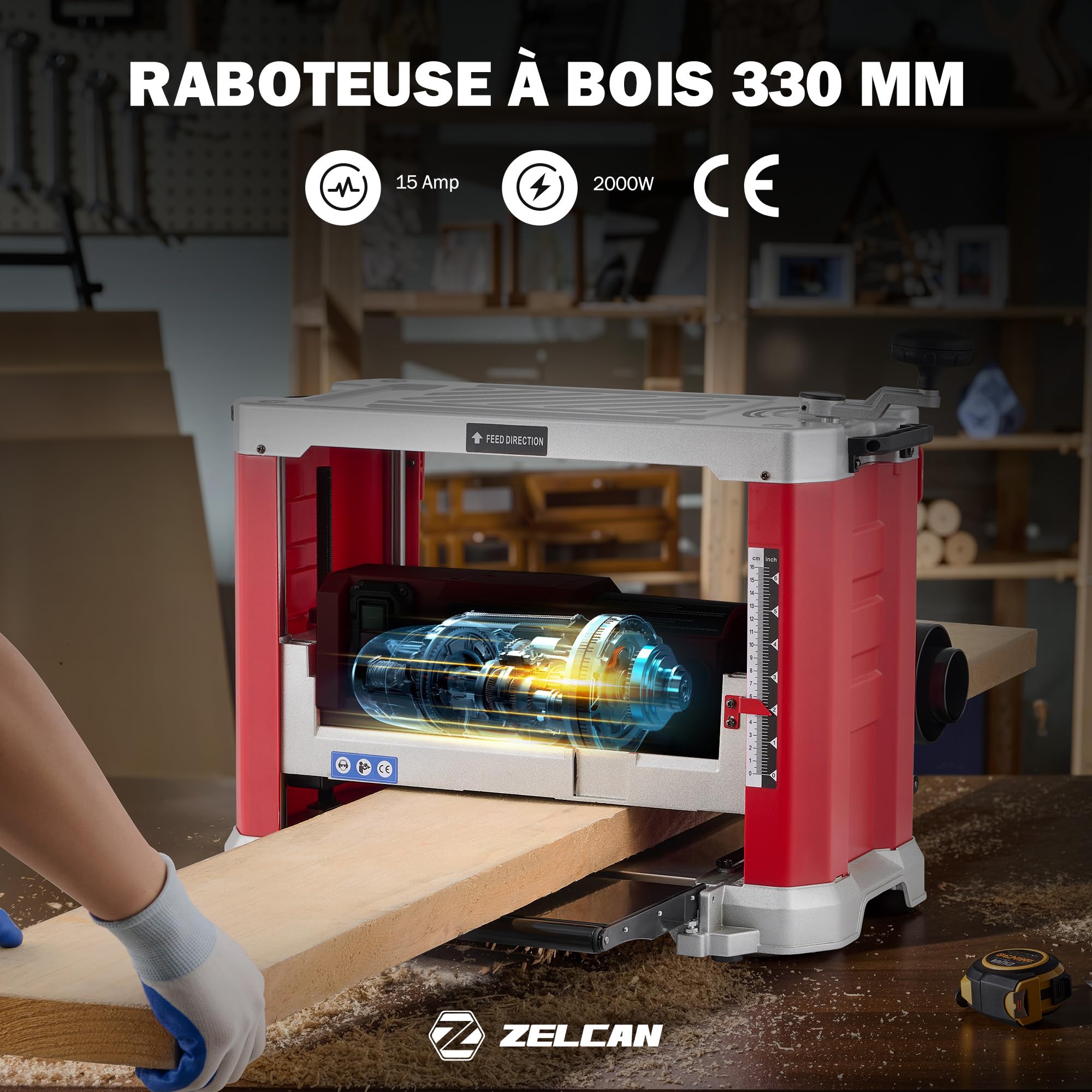 ZELCAN 2000W Raboteuse à Bois 15A, Dégauchisseuse d'Établi Raboteuse Stationnaire Automatique Électrique 33 cm, 2 Lames 20000 coupes/min, pour le Travail du Bois