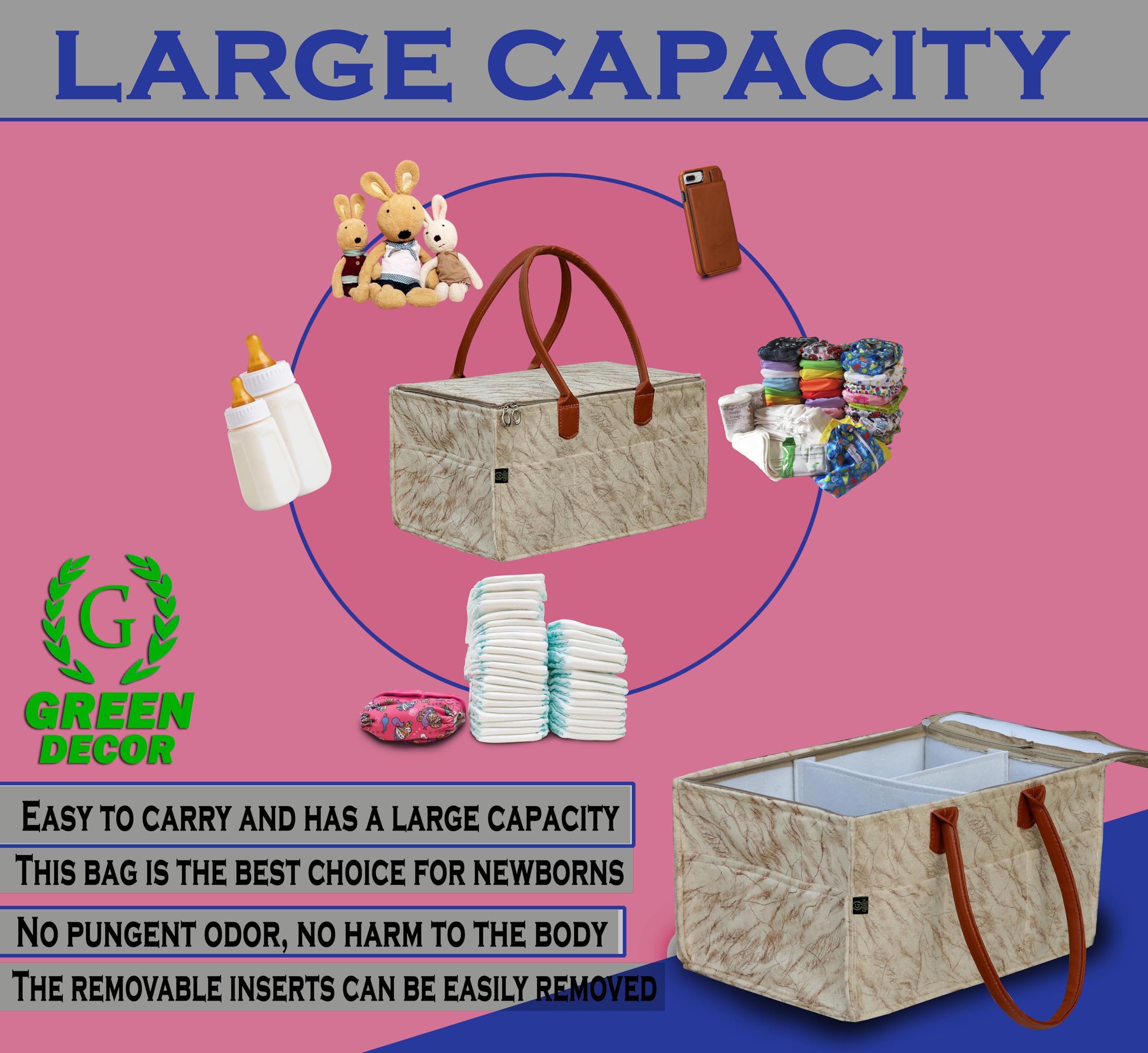 GREEN DECOR - Non Woven Fabric Cute Diaper Caddy Bag with Handles & Zip Lock for Smart Mothers Baby Diaper Caddy Wipes Felt Storage Organizers,Foldable and Portable(Marble Cream- 18X12X9 Inch) 3