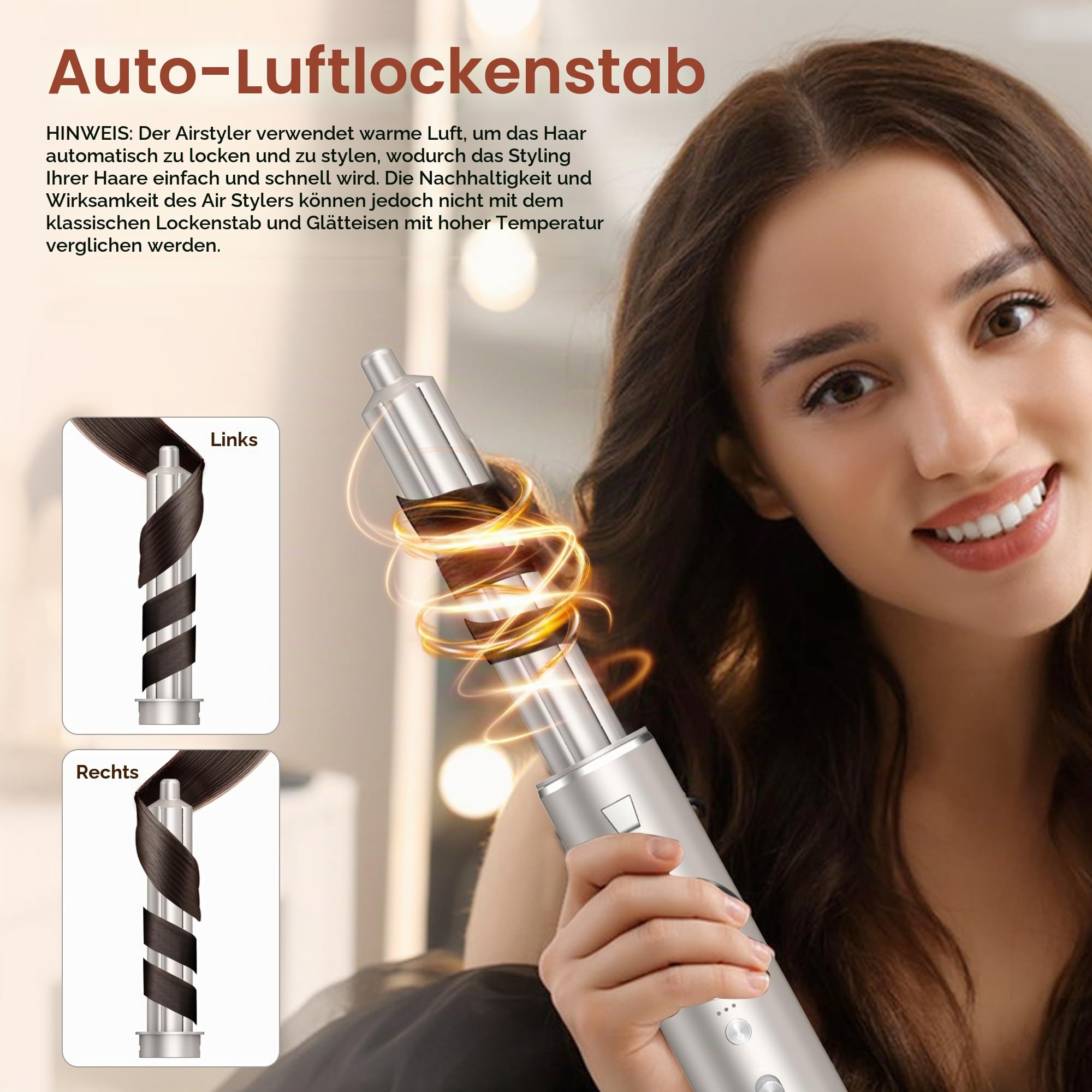 UKLISS 7 in 1 Hairstyler Pro Airstyler Ionen Föhn High-speed Haartrockner Heißluft Lockenwickler Thermal Brush Haarglätterbürste Warmluftbürste Föhnbürste Stylingbürsten Hair Styler, Champagnergold