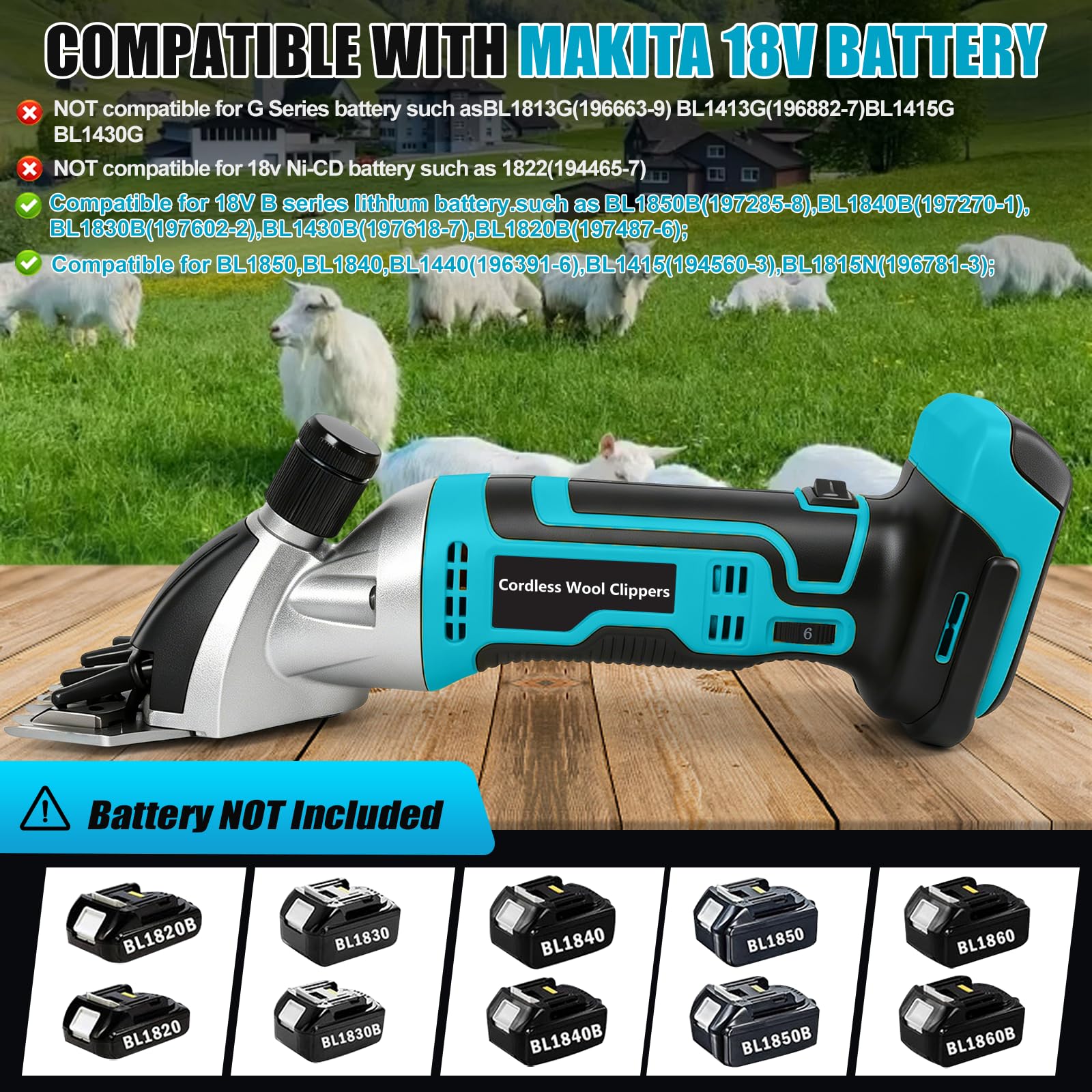 tijeras para ovejas inalámbricas de 850W, Esquiladora eléctrica, 3000 RPM, 6 velocidades, garra ajustable, ideal para ovejas, alpacas y cabras, azul (sin batería)