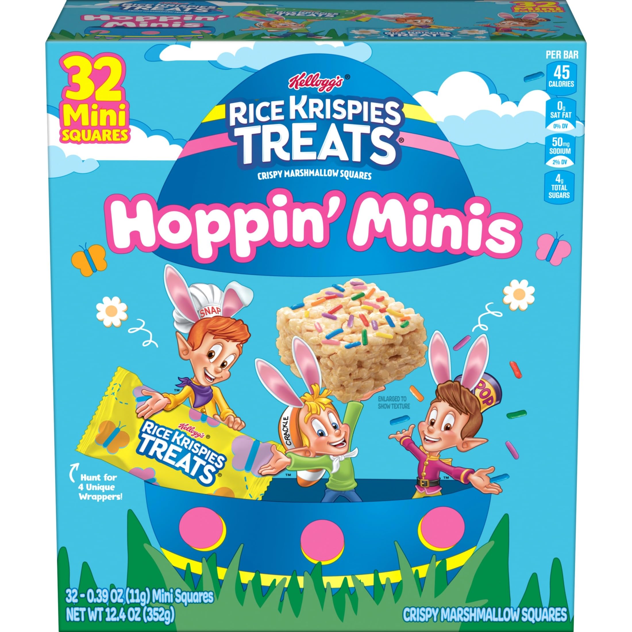 Crispy Mini Marshmallow Squares, Easter Snacks, Cereal Bars, Original with Colorful Sprinkles, 12.4oz Box (32 Count)