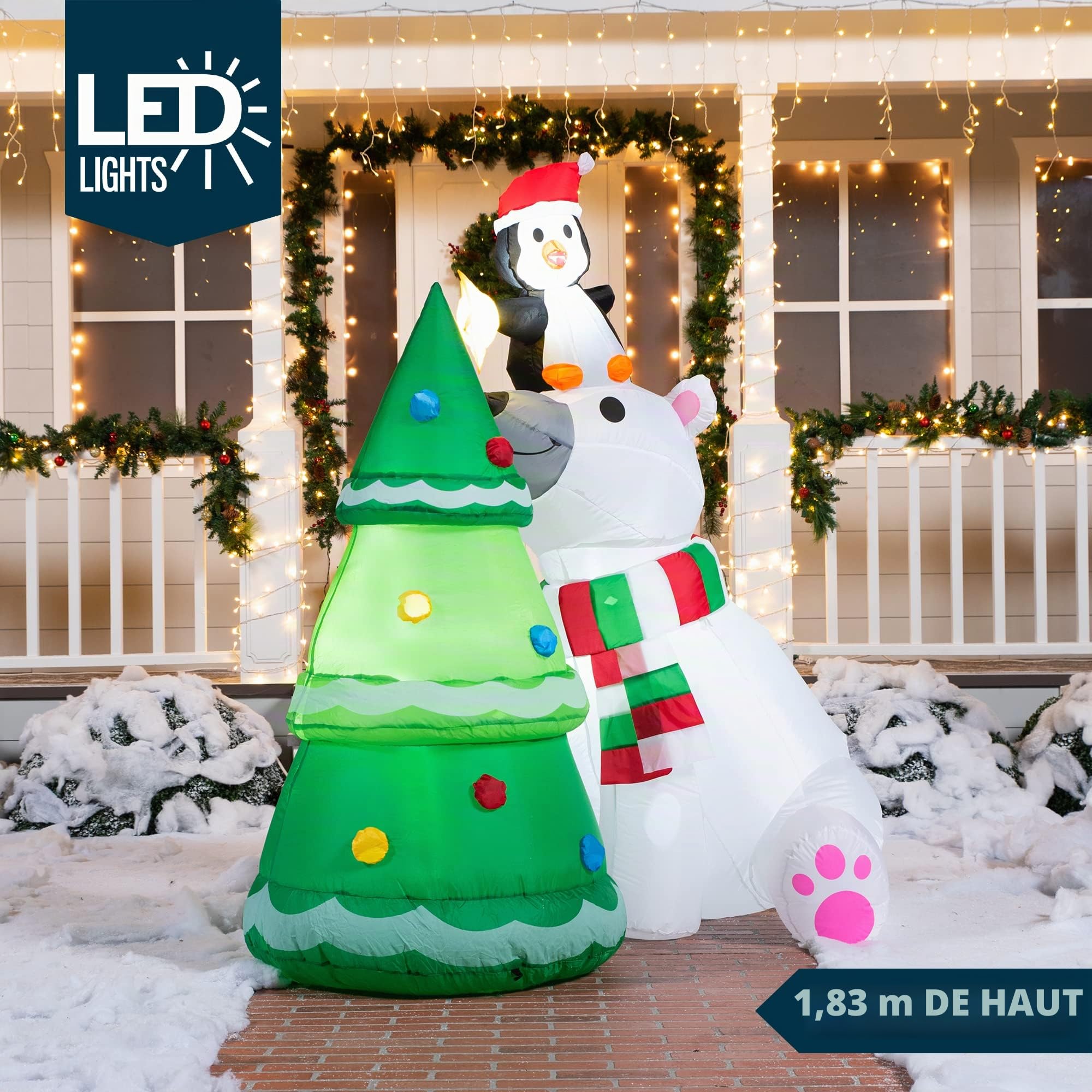 Joiedomi Ours Polaire Gonflable de 1,8 m avec Pingouin et Sapin de Noël avec LED intégrées pour fête de Noël en Plein air, Cour, Jardin, décoration d'hiver