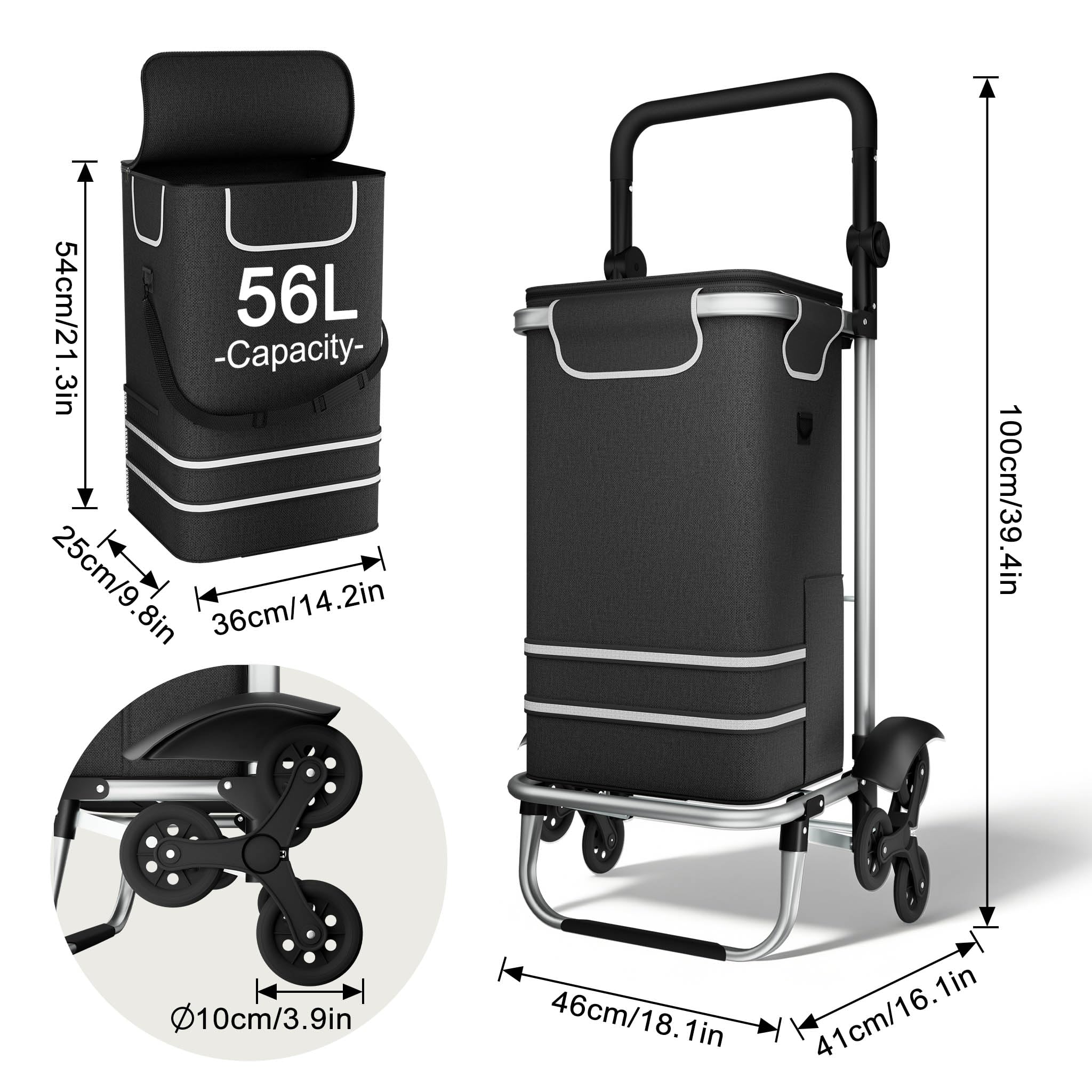 3in1 Klappbarer Einkaufstrolley 56L | Einkaufsroller mit Umhängetasche & Sackkarre | Einkaufswagen Schwarz 3-Rad