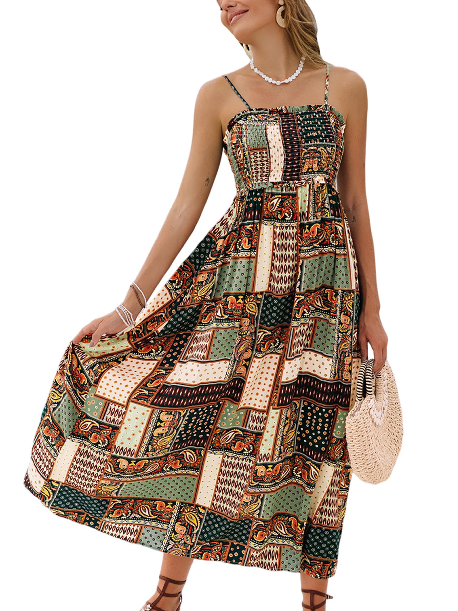 CUPSHE Women's Summer Dress Floral Pattern Smocked Sleeveless Maxi Dress Ruffle Spaghetti Straps Long Casual Dresses Maxi Dress