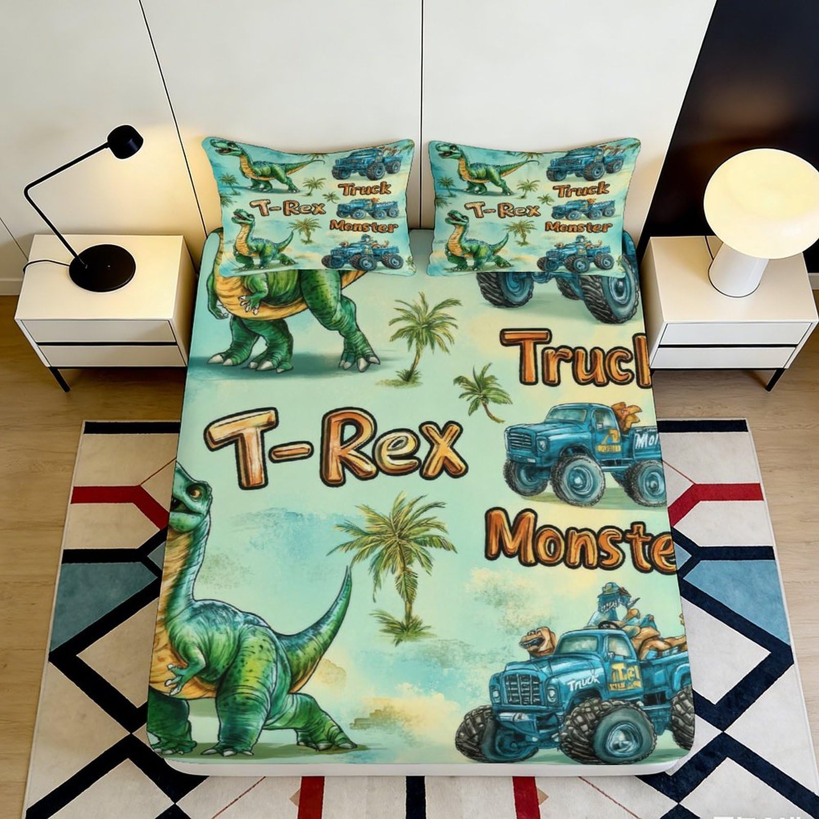 3D Printed Dinosaur Truck Fitted Sheet Microfiber Soft Breathable T-Rex Monster Bed Cover for Bedroom Dormitory Guest Room Mattress Protection 200x200x25cm