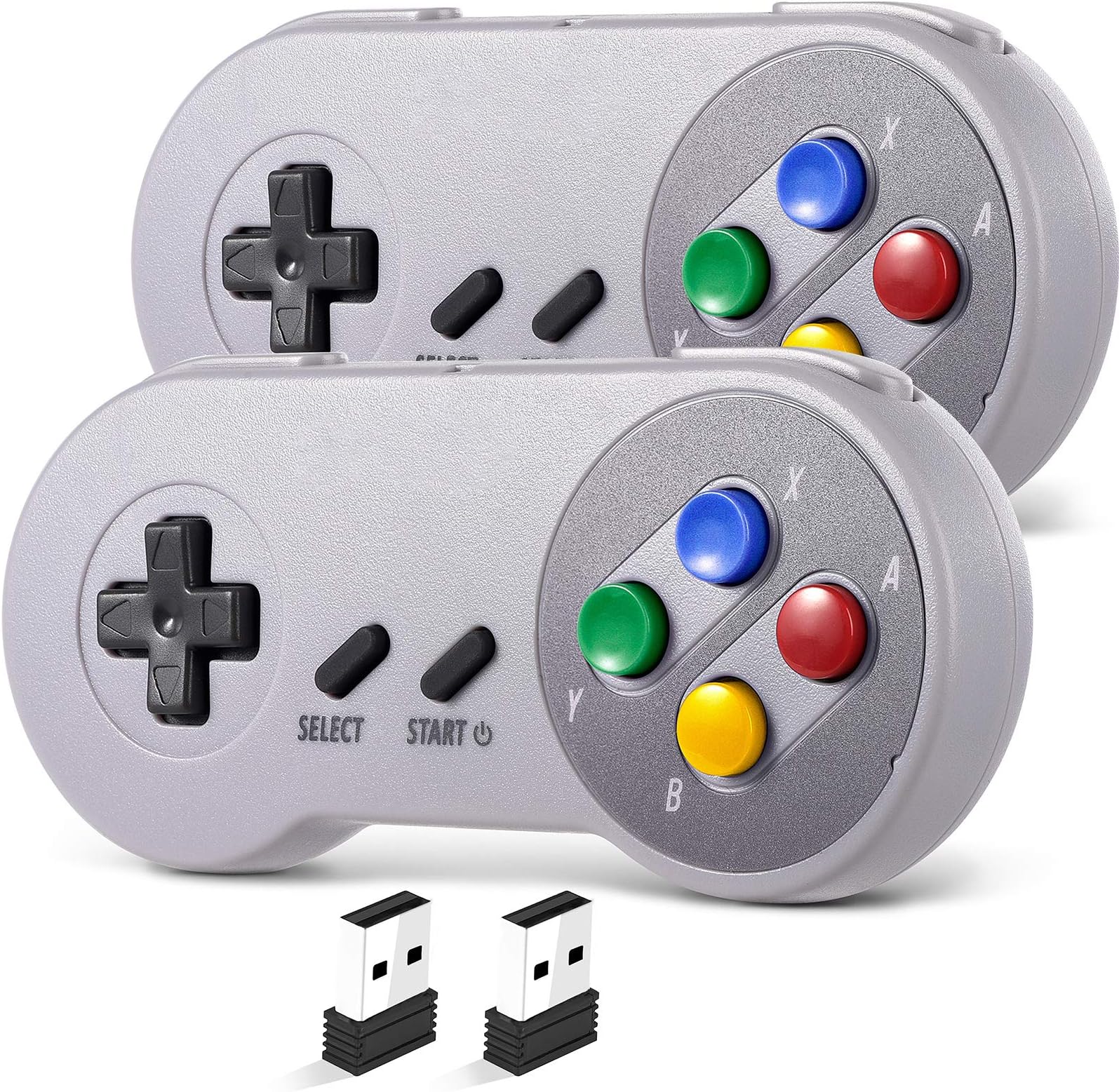 2 Pack 2.4 GHz Wireless USB Controller Compatible with SNES Games, SNES Retro USB PC Super Classic Controller for Windows PC MAC Linux Genesis Raspberry Pi Retropie (Multicolored Keys)