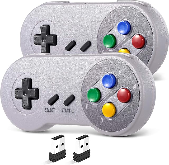 2 Pack 2.4 GHz Wireless USB Controller Compatible with Super NES Games, iNNEXT SNES Retro USB PC Super Classic Controller for Windows PC MAC Linux Genesis Raspberry Pi Retropie (Multicolored Keys)
