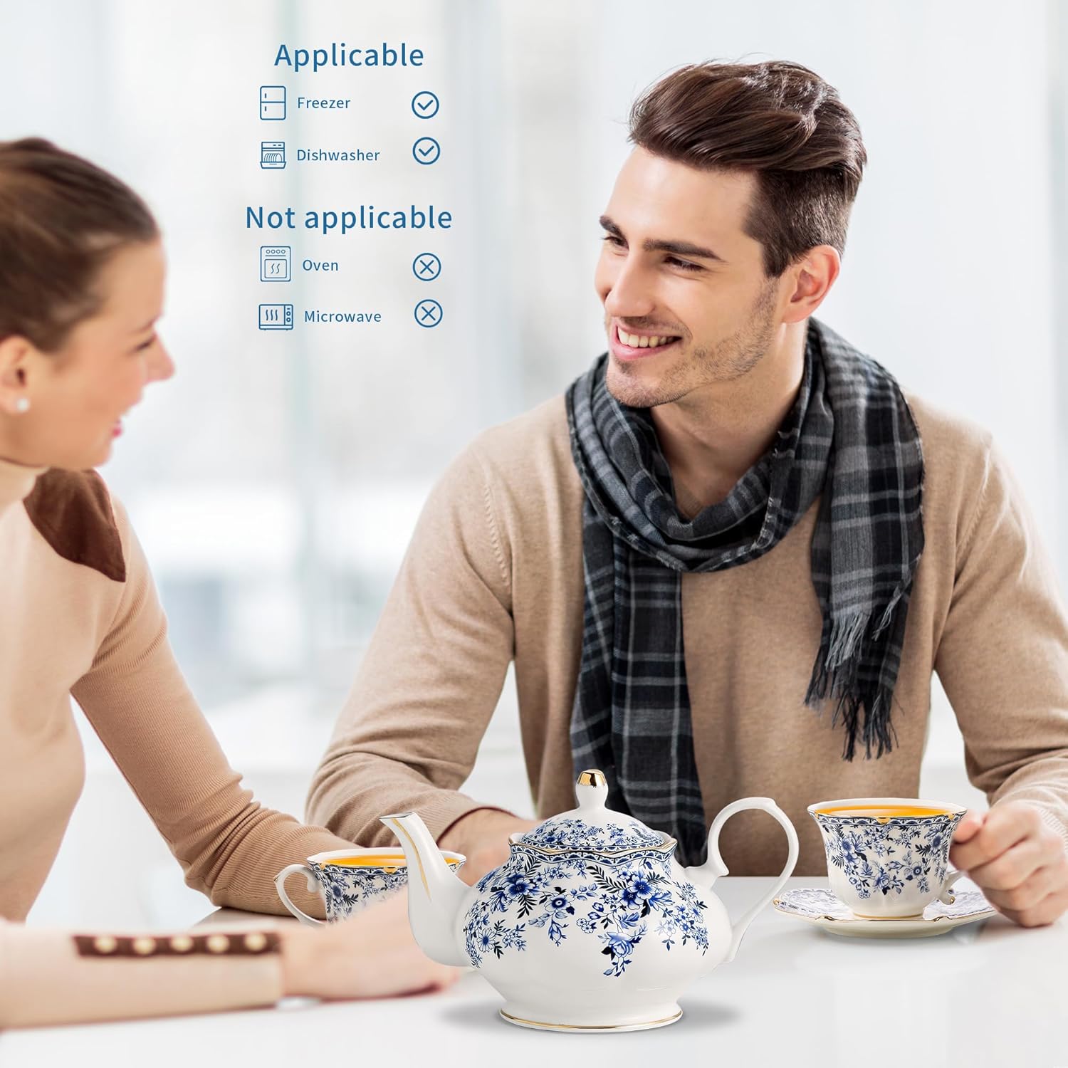 TATSUMI Country Roses Porcelain Tea Set, European Ceramic tea set for one or two,Vintage Style, For Women and Tea Parties (BLUE, 7 Pieces Set)