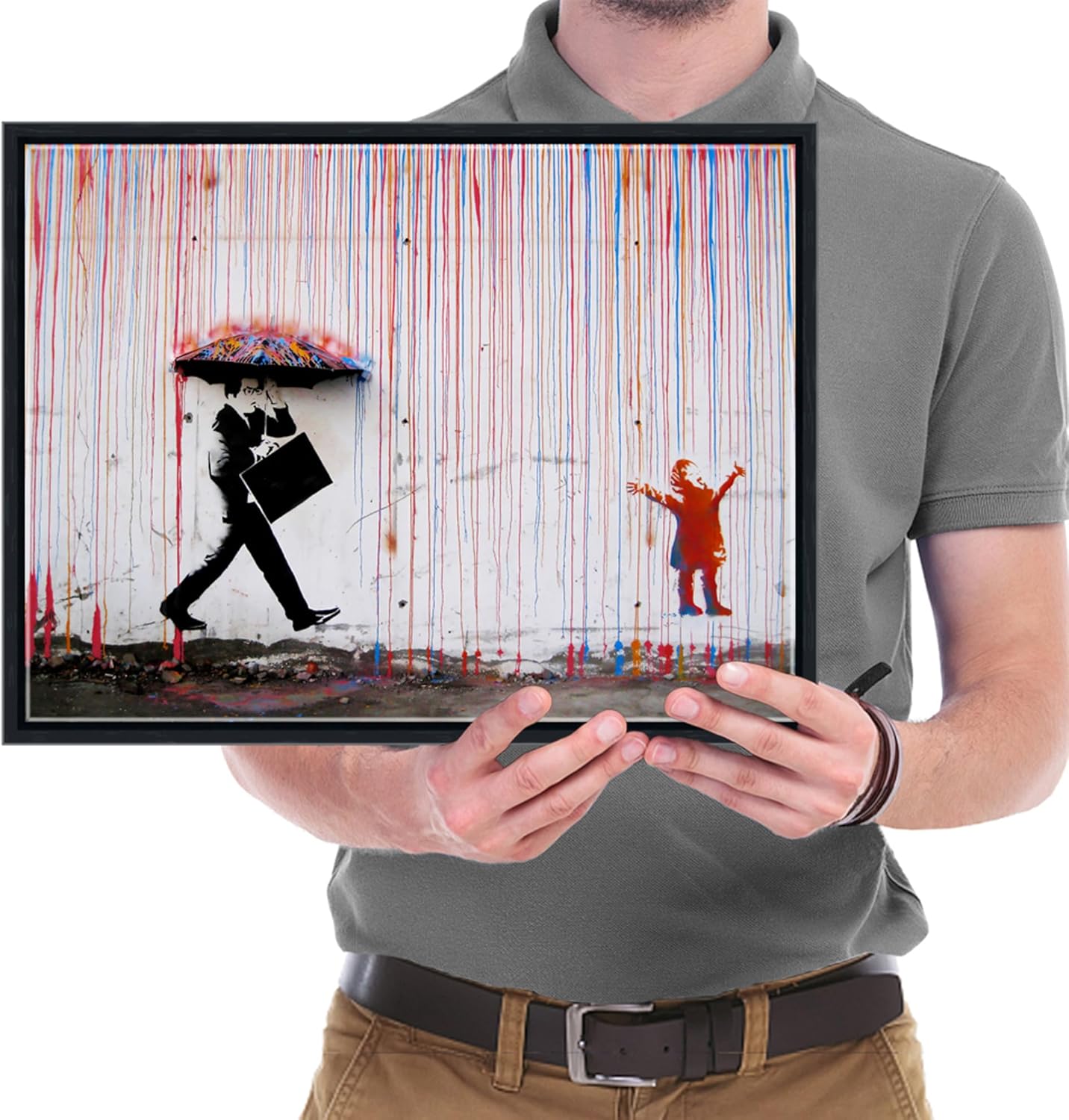Wieco Art Framed Banksy Raining Day or Colorful Graffiti Street Famous Canvas Paintings Wall Art Modern Inspirational Grey Love Pictures Print Artwork for Home Office Decor