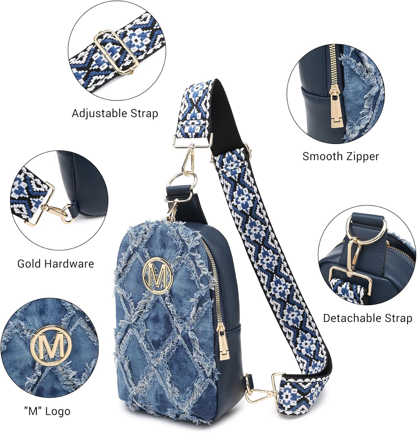 Small Denim Sling Bag for Women Quilted Crossbody Distressed Jean Fanny Packs Chest Bag with Wide Strap - Image 7