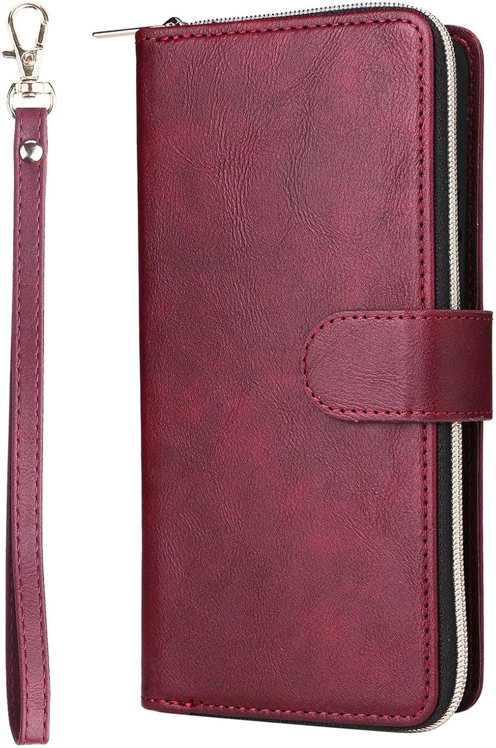 Wallet Case for iPhone 16 Pro Max with Wrist Strap Card Holder, PU Leather Flip Magnetic Zipper Phone Cover - Red