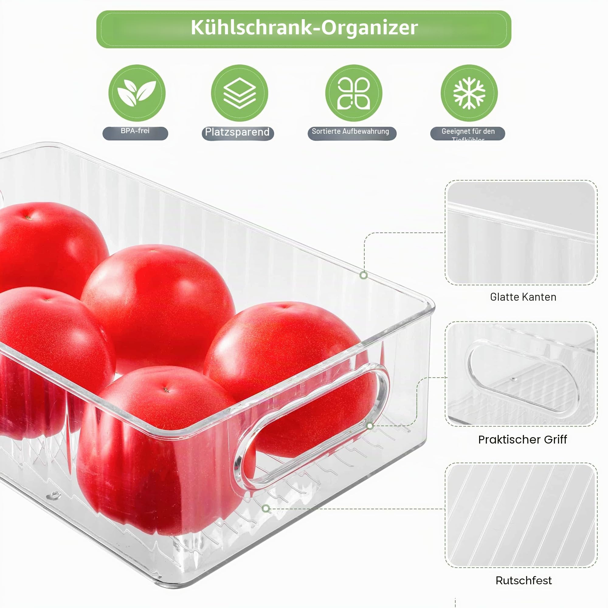 Kühlschrank Organizer 10er Set, Aufbewahrungsbox Küche Organizer für Gefrierschrank, Speisekammer, Bad und Büro, BPA-frei mit integriertem Griff