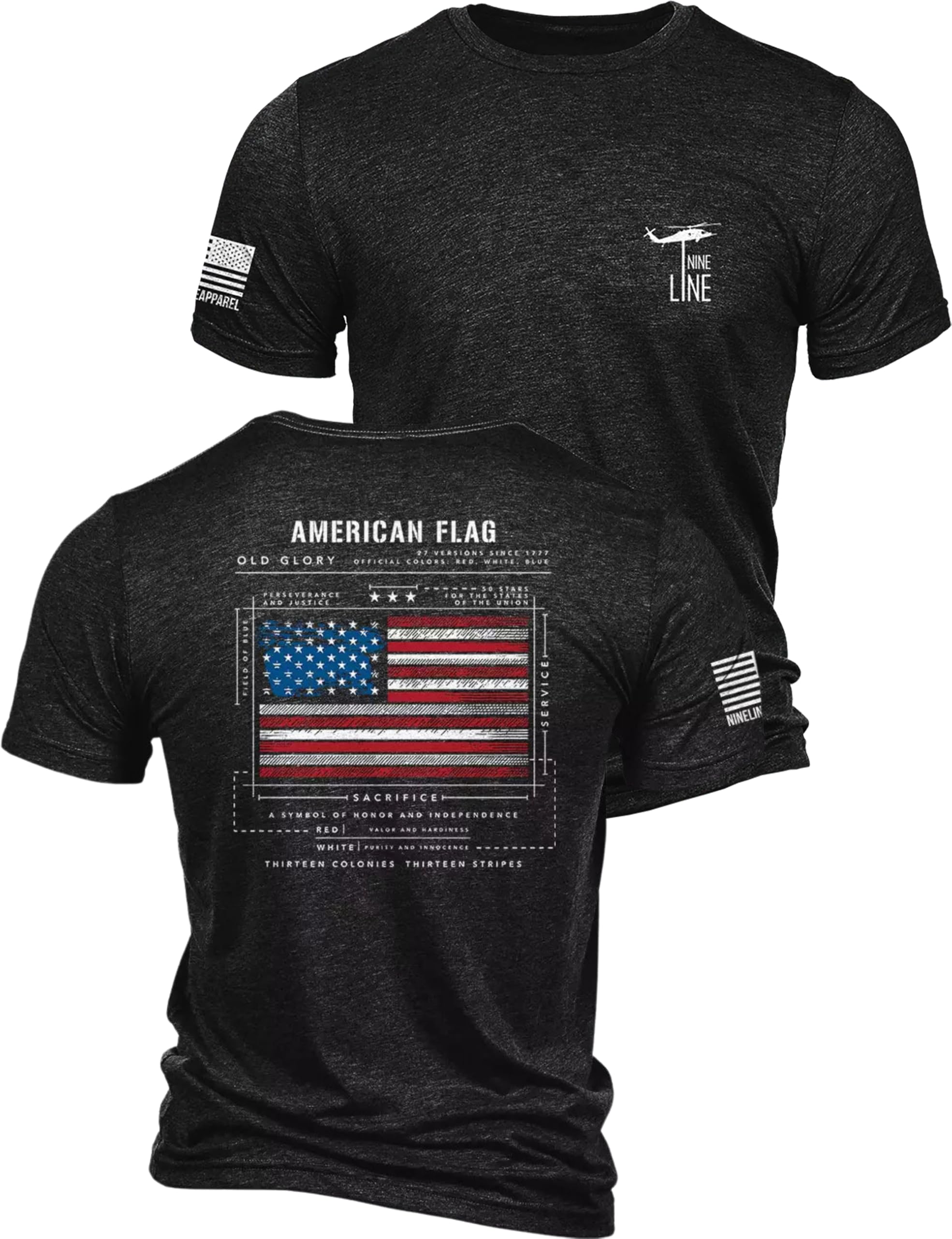 Old Glory Flag Schematic T-Shirt for Men, Patriotic American Flag Freedom Shirt, USA Made Veteran Owned Apparel