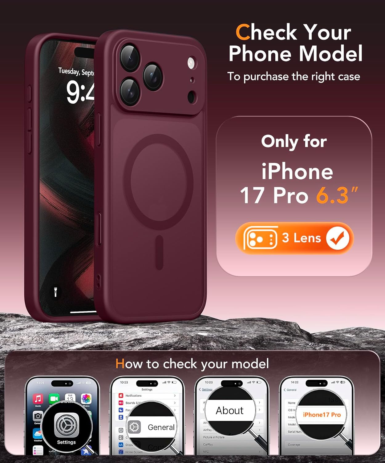 Magnetic Case for iPhone 17 Pro with Privacy Screen Protector [Compatible with MagSafe][Camera Protection][Military-Grade][Camera Control Cover]Translucent Matte iPhone 17 Pro Phone Case,Wine Red - Image 2