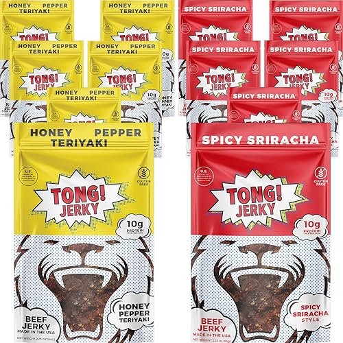 Tong Jerky - Paquete de 12 bolsas resellables de 2.25 onzas - Carne seca estilo Biltong fabricada en los Estados Unidos (sal marina de pimienta