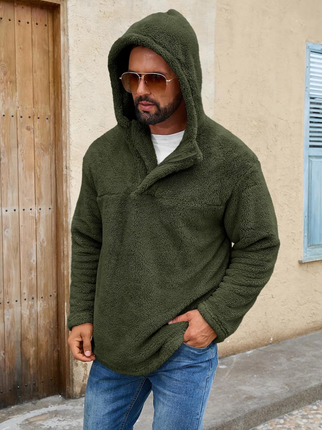 Runcati Mens Fuzzy Sherpa Hoodies Pullover Quarter Zip Long Sleeve Sweatshirts Fall Winter Outwear Casual Fleece Hooded - Image 5