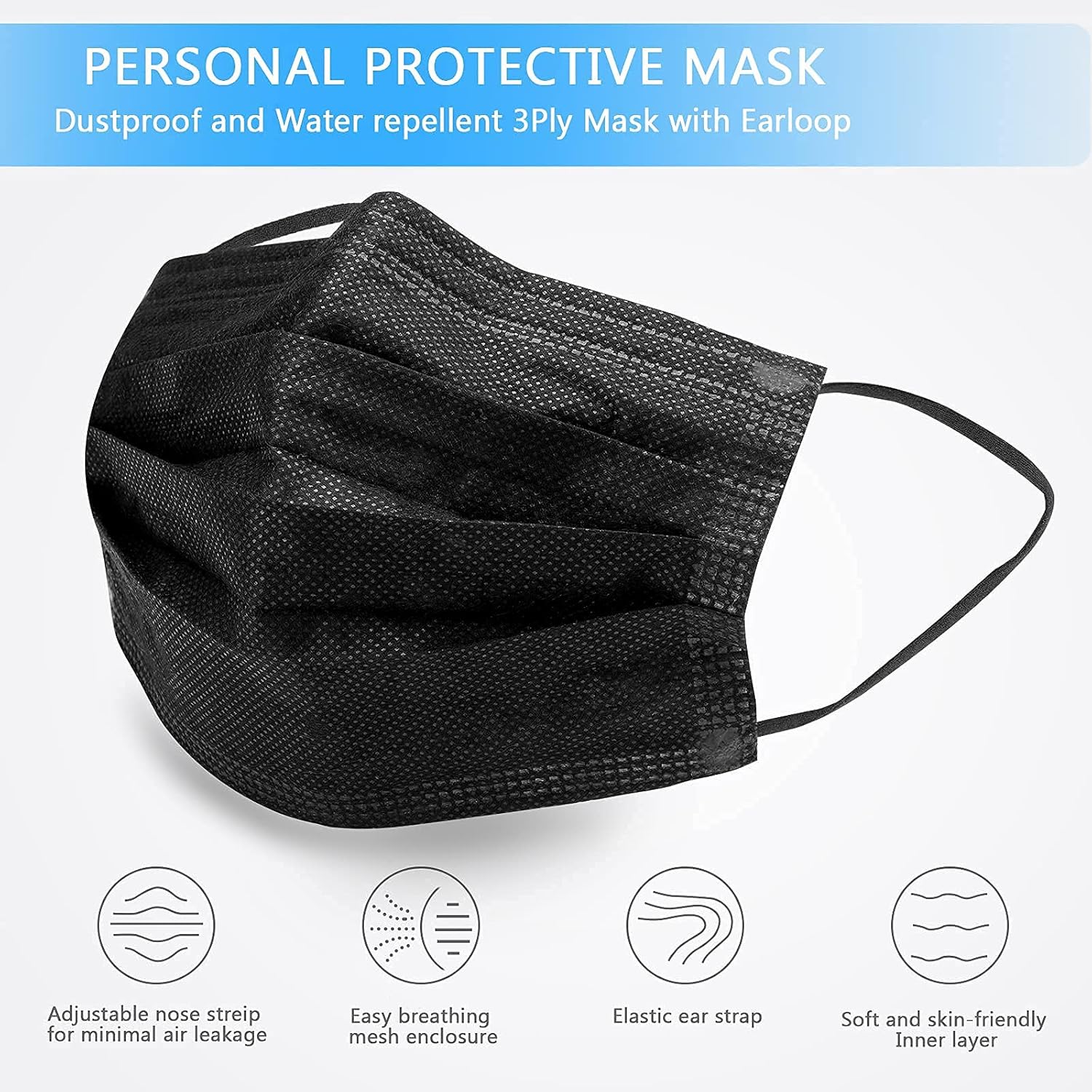 Kids Disposable Face Masks 3-Ply Protective 100 PCS Black Safety Breathable Mask Cover for Boys Girls with Adjustable Nose Clip & Elastic Ear Loop, Great for School/Kindergarten/Travel