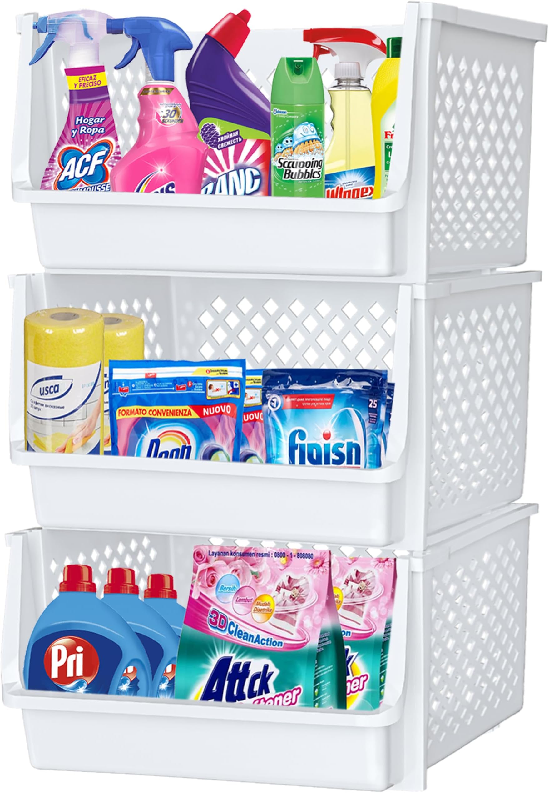 Skywin TidyFriend Plastic Stackable Bins for Pantry, 3 Pack Large Stacking Bins Open Front Kitchen, and Bathroom Organization, Open Front Design (White) (Rhombus)