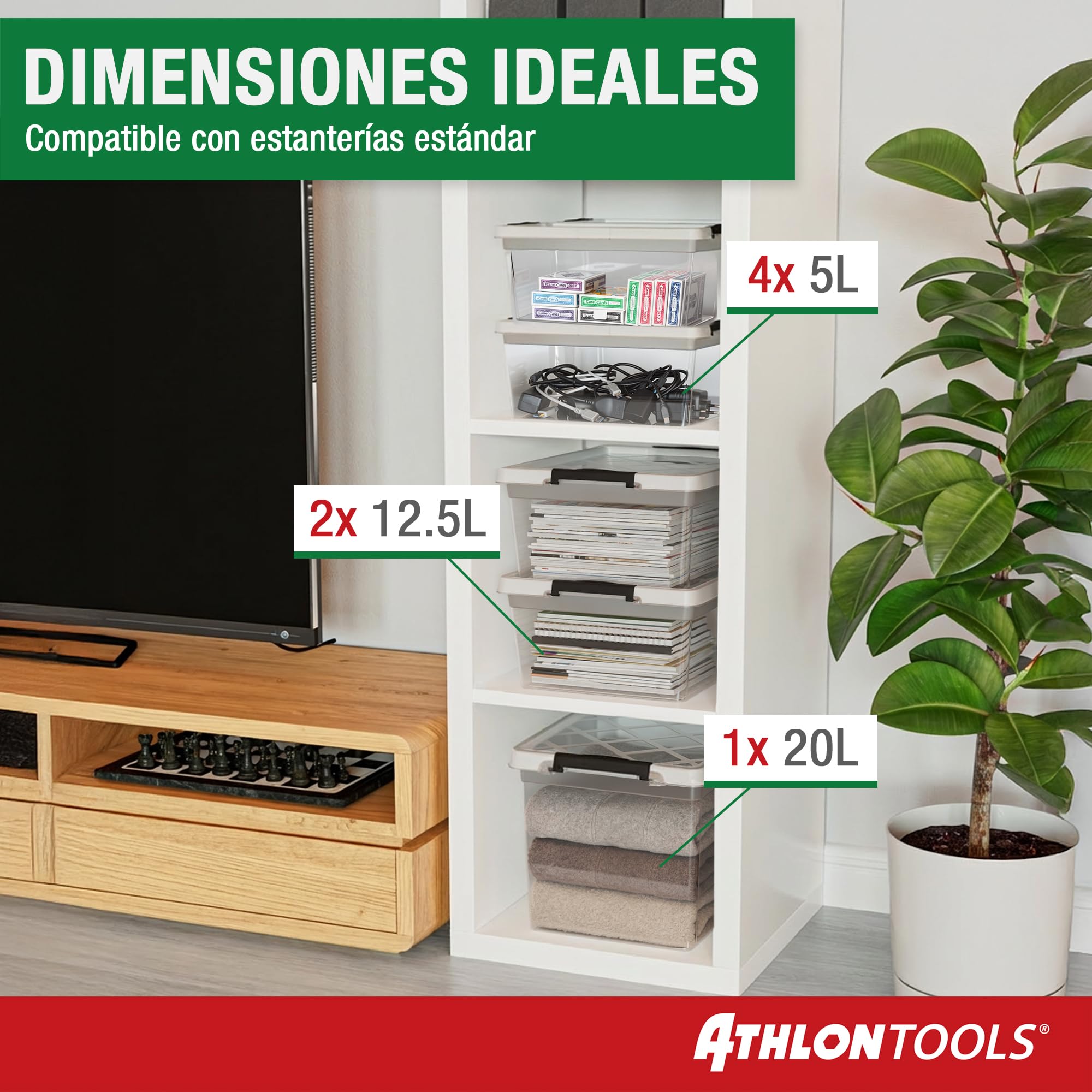 ATHLON TOOLS 4 cajas de almacenamiento de 12.5 L con tapa, aptas para alimentos, clips de cierre, caja de plástico 100% transparente, cajas de ropa apilables