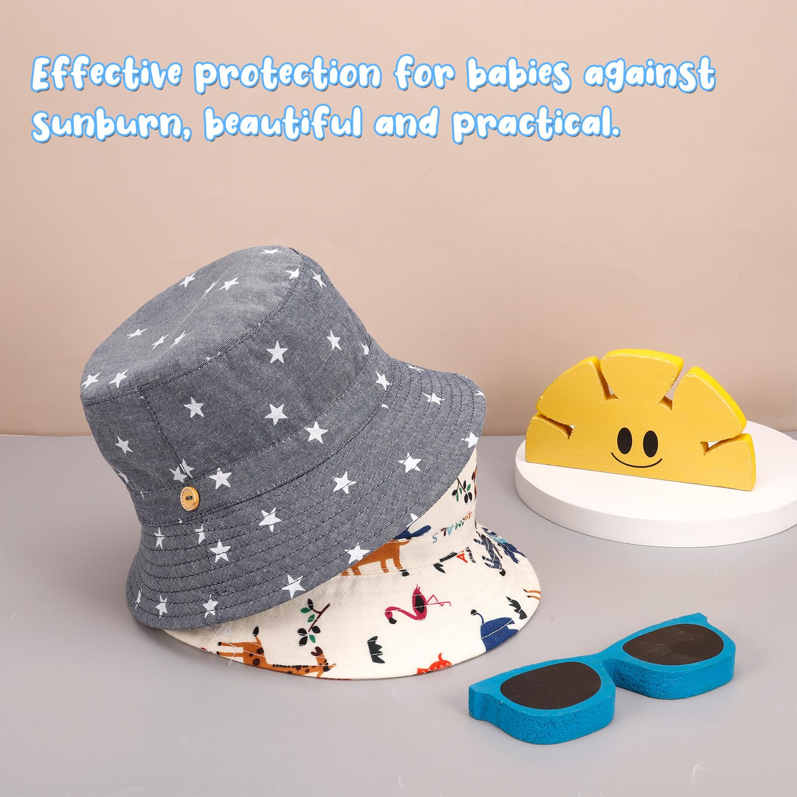 2 Pieces Toddler Sun Hat Kids Bucket Sun Hat Baby Cute Print Summer Hat with Adjustable Head Drawstring and Chin Strap Outdoor Kids Summer Protection Bucket Hats — view 4
