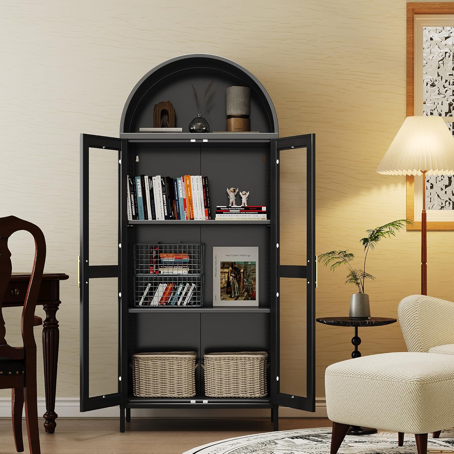 VEXPOR 73" Tall Arched Bookcase with 2 Adjustable Shelves, Metal Arched Display Cabinet, Open Shelf Storage Organizer for Home Office & Living Room, Heavy Duty Steel Furniture