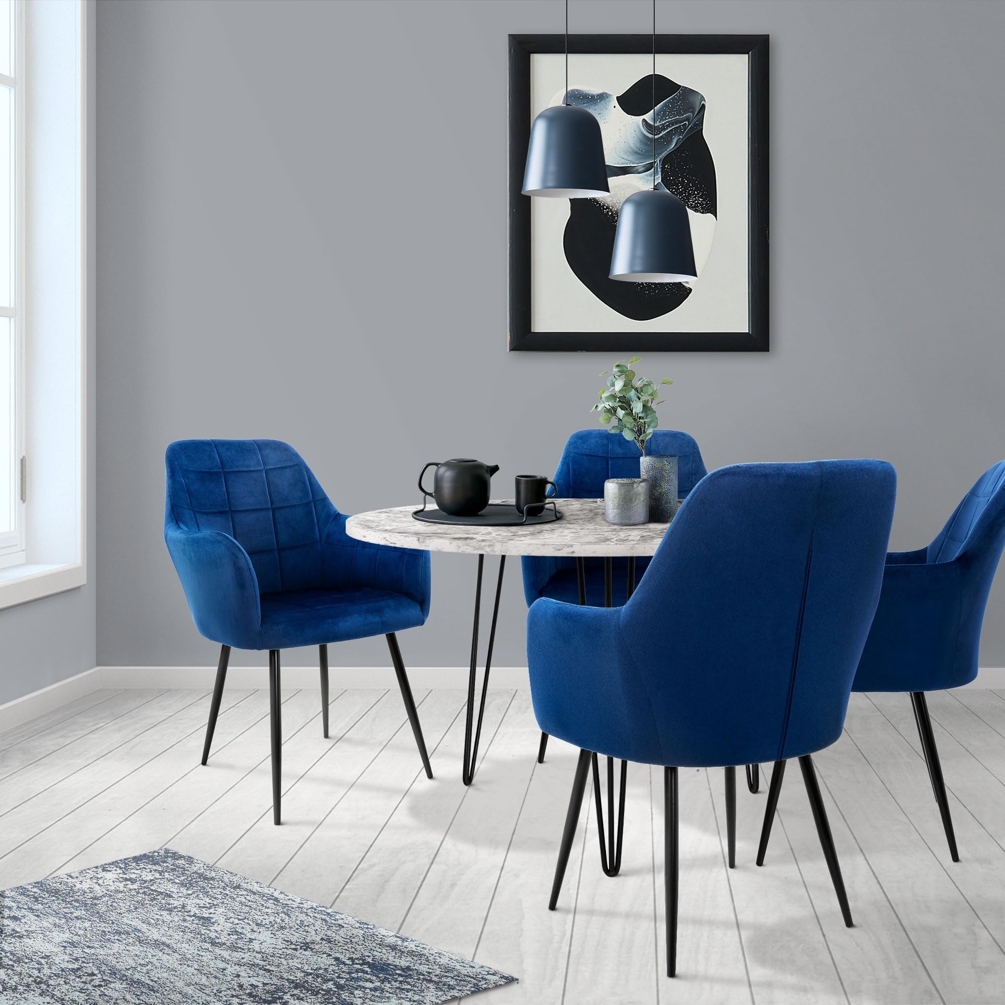 ECD Germany Juego de 6 Sillas de Comedor con Respaldo y Reposabrazos Azul Oscuro Asiento de Terciopelo Tapizado Sillón con Patas de Metal Negro Muebles Decorativos Diseño Moderno Ideales para el Hogar