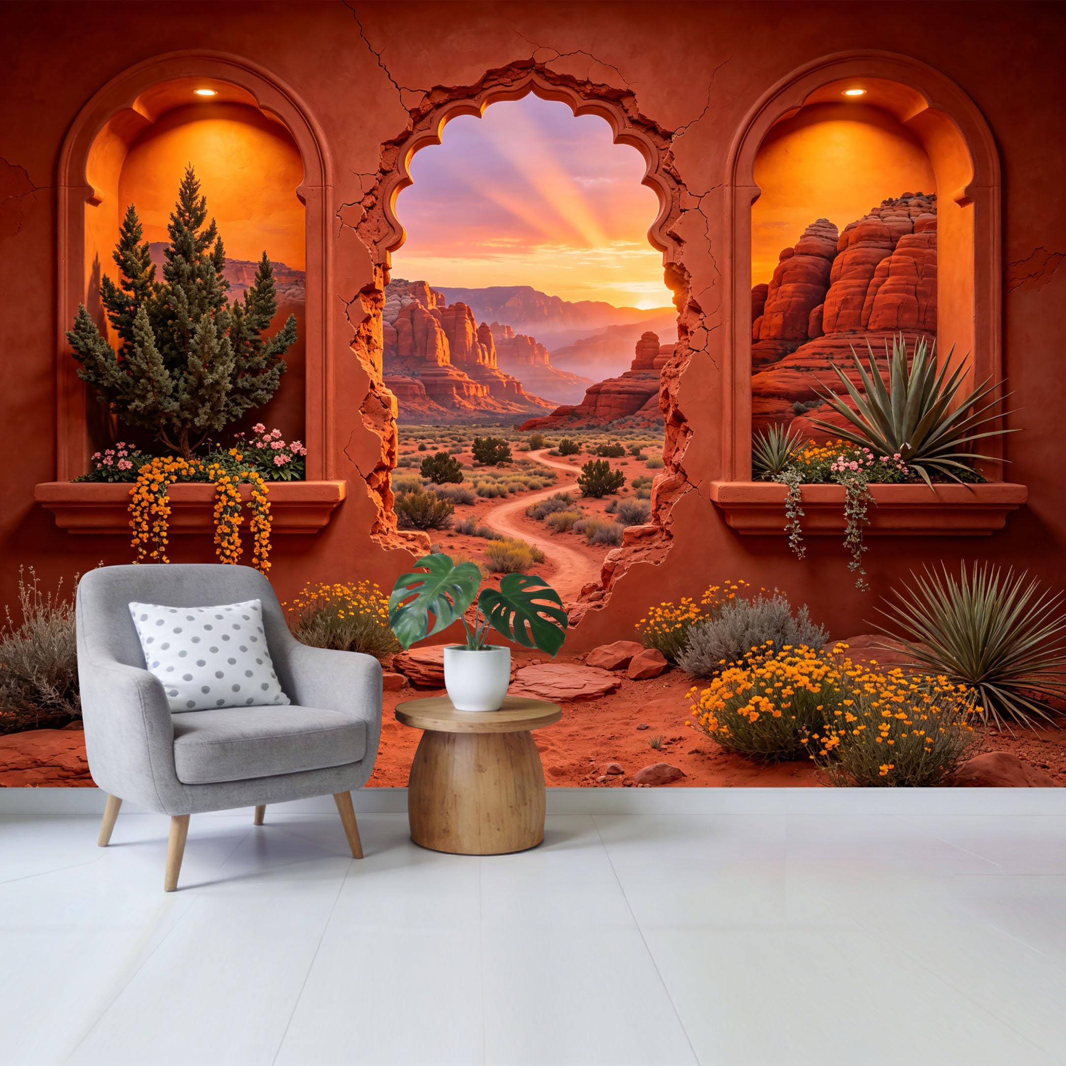 Removable Self Adhesive Fabric Mural， Desert Canyon Sunset Landscape Custom Size Wall Covering， UV Protected Waterproof Washable Wall Decor for Living Room Bedroom Bathroom
