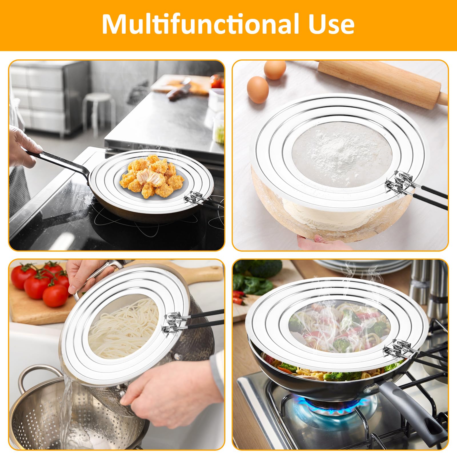Zocipro Tapa Sarten Antisalpicaduras, Protector Salpicaduras Cocina de Acero Inoxidable con Mango de Silicona Plegable, Protector Universal de Salpicaduras para Sartenes de 20, 24 y 28cm