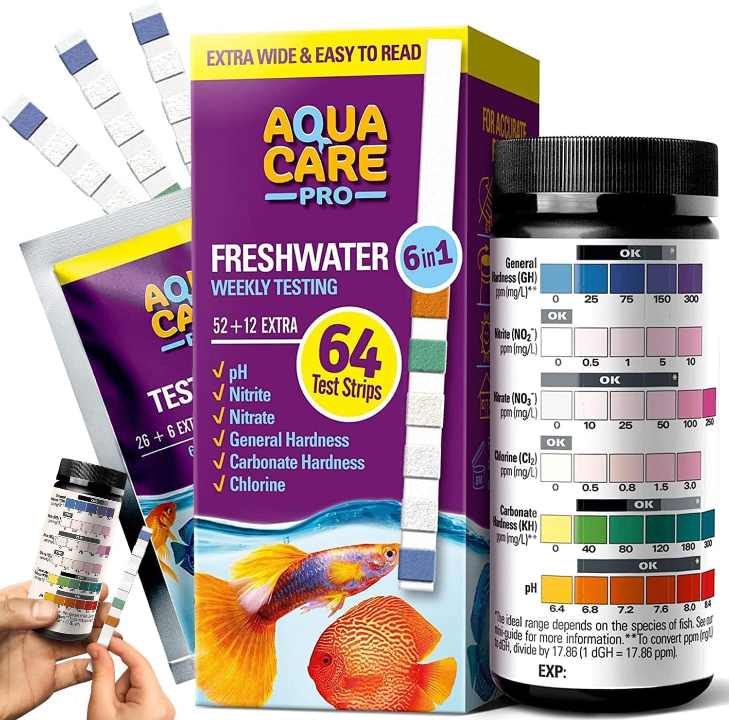 Aqua Care Pro 6-1 Aquarium Testing Kit for Freshwater & Saltwater - Nitrate & Carbonate Hardness Water Test Strips for Fish Tank Supplies - 64 Aquariums Test Strips for PH Balance