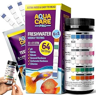 Aqua Care Pro Freshwater Aquarium Test Strips - 64 ct - 6-in-1 Fish Tank Water Testing Kit for pH Nitrite Nitrate Chlorine & Hardness - Kits for Pond & Aquariums
