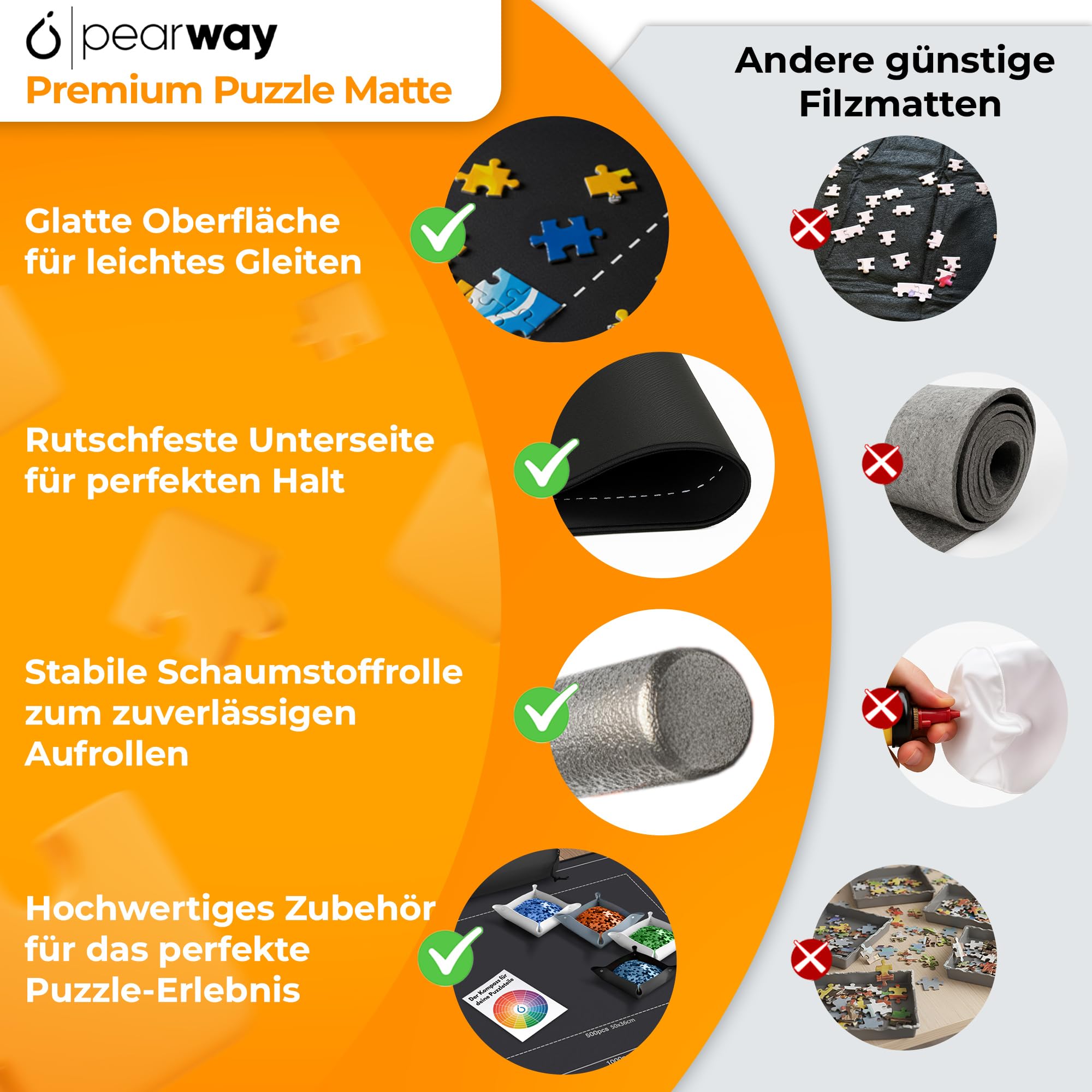 PEARWAY Puzzlematte 1000 Teile zum Aufrollen - inkl. Sortierschalen & sanft gleitender Oberfläche statt rauem Filz - Puzzle Matte - Puzzleunterlage - Puzzleteppich - Puzzlerolle - Puzzle Aufbewahrung