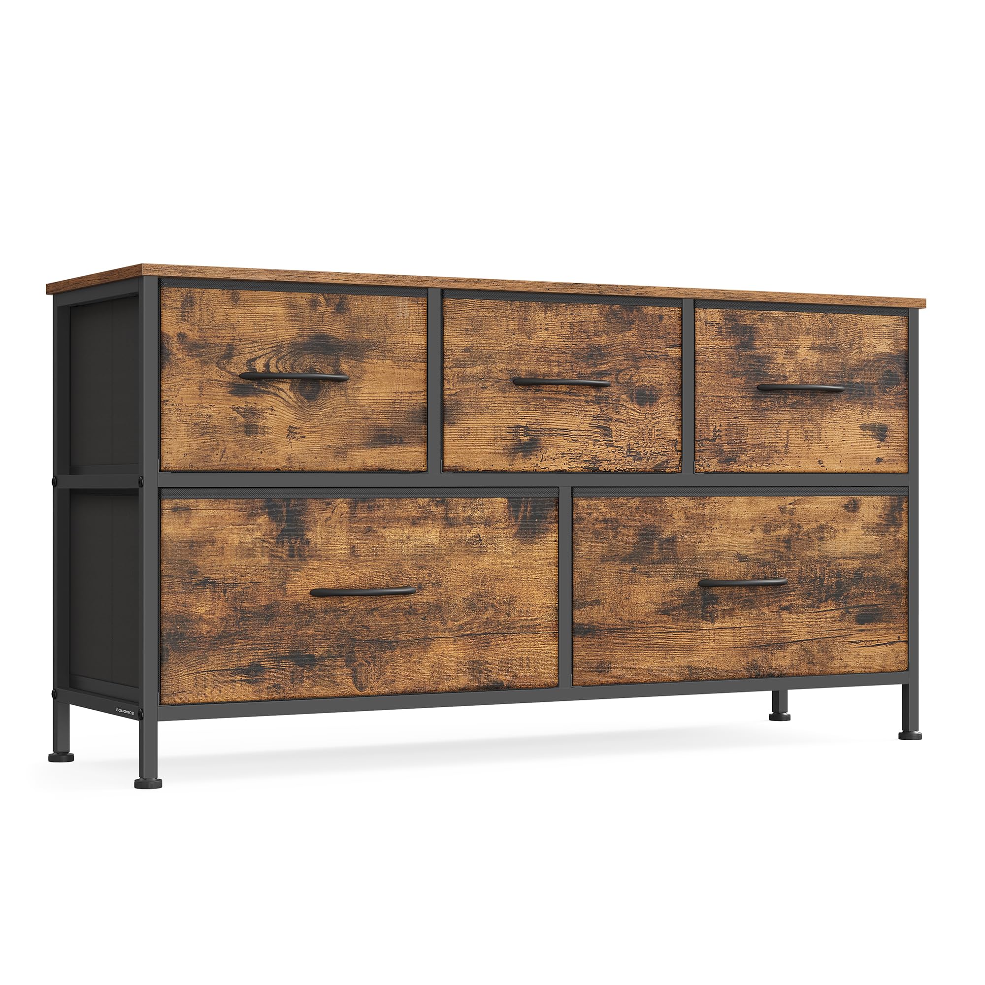 SONGMICS Dresser for Bedroom, Chest of Drawers, TV Stand, Steel, MDF, 5 Non-Woven Fabric Drawers, Storage Organizer Unit, Closet, Entryway, Rustic Bro