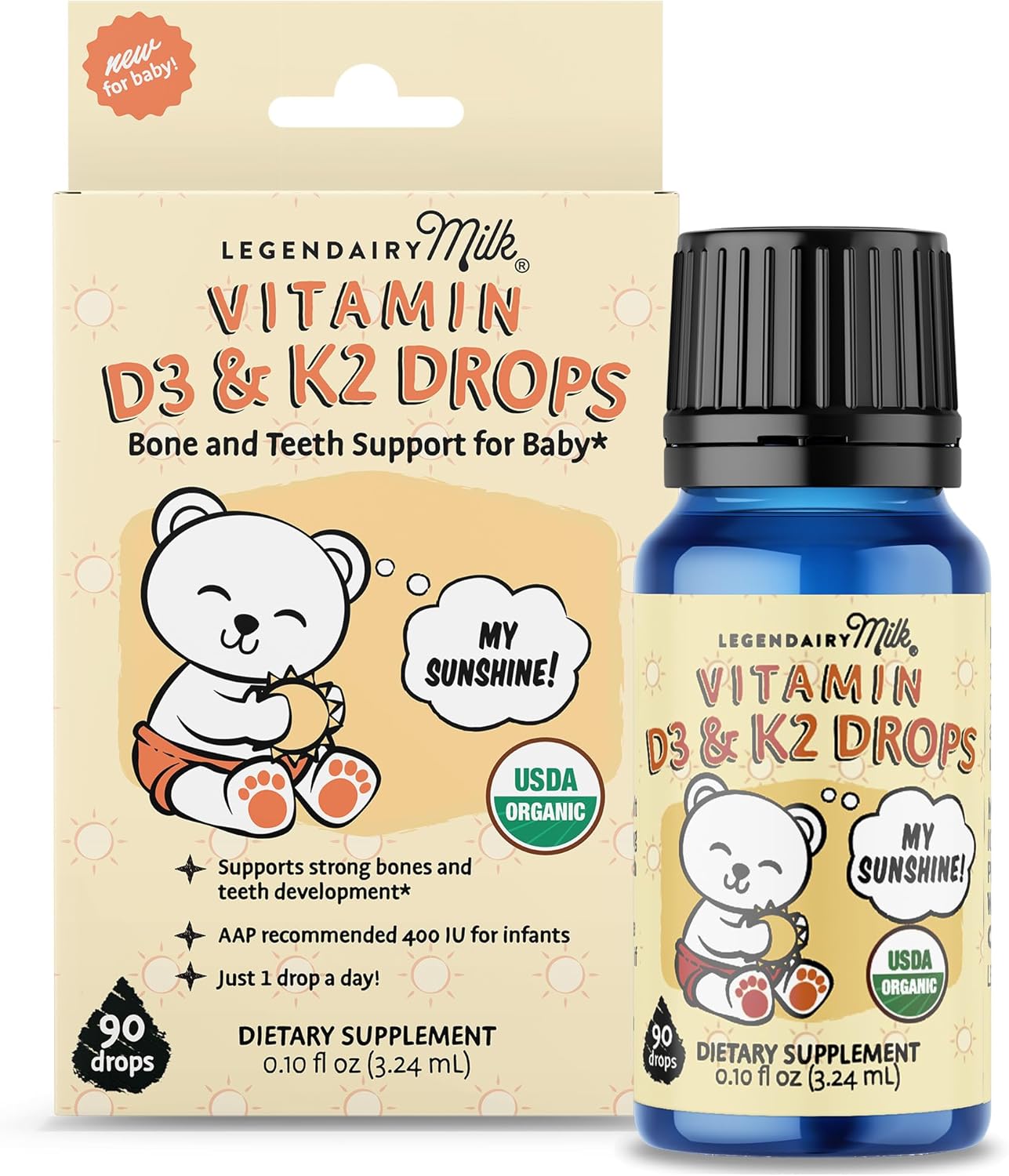 Legendairy Milk Organic Baby Vitamin D3 K2 Liquid Drops, 400 IU of Baby Vitamin D