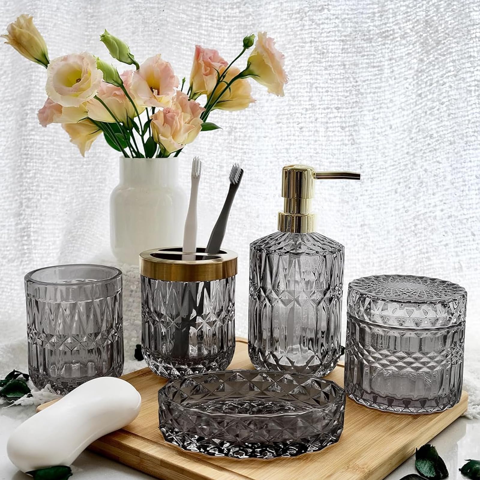 CBLDF Bathroom Accessory Set, 5Pcs Glass Bathroom Decor, Lotion Dispenser, Soap Dish, Toothbrush Holder, Tumbler, Cotton Swab Jars, Modern Bathroom Decor and Gift Set (Grey)