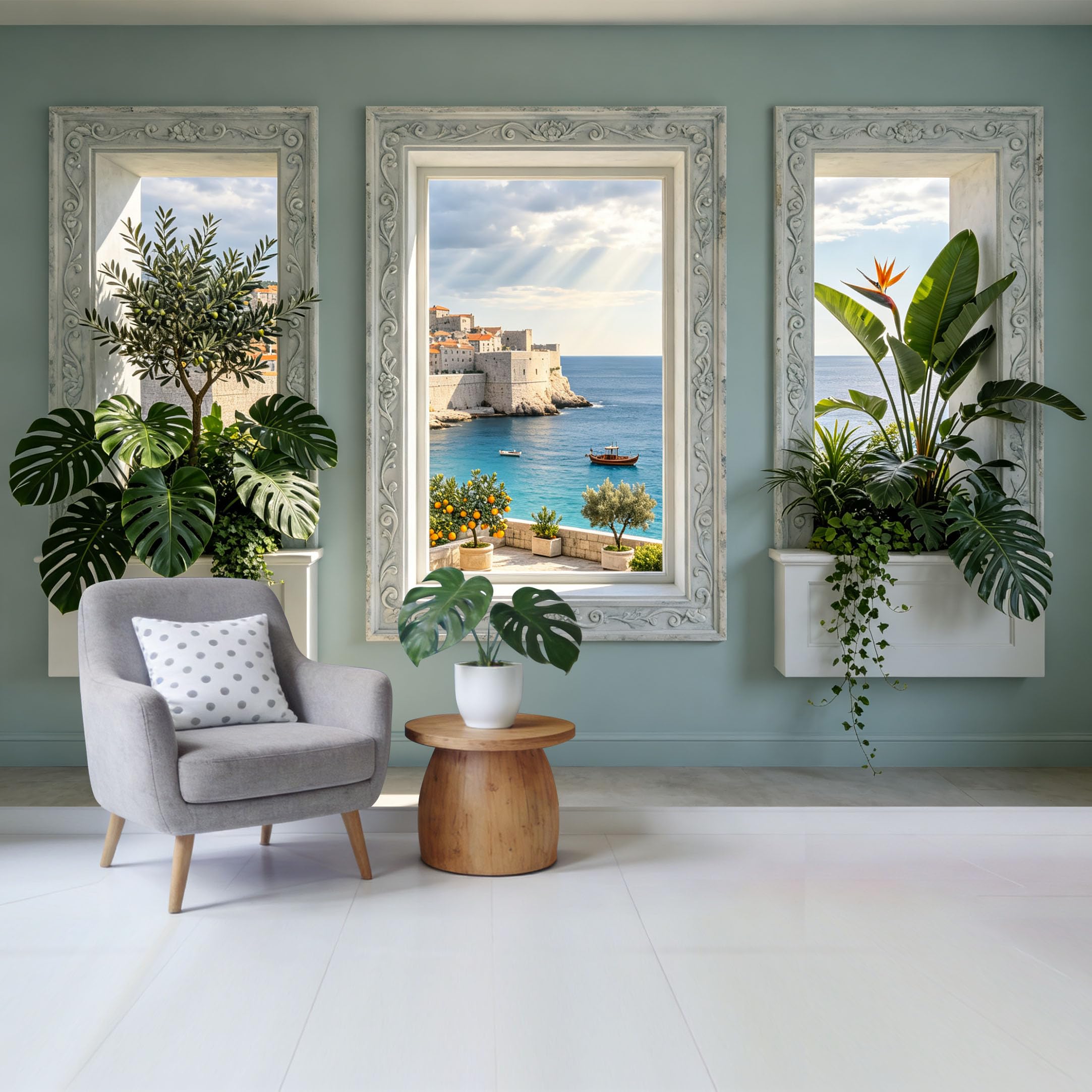 Custom Size Wall Mural Coastal Ocean View Mediterranean Architecture Botanical Plants Removable Self Adhesive Fabric Home Wall Decor for Living Room Bedroom Bathroom