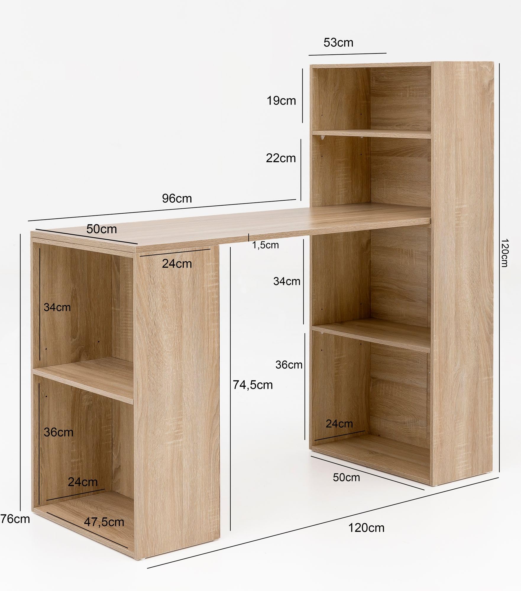 FineBuy Biurko z Regałem 120x53x120 cm Drewno, Biurko Komputerowe | zestaw biurkowy ze schowkami, PC stół ze schowkiem, biurko do gabinet i pokój młodzieżowy