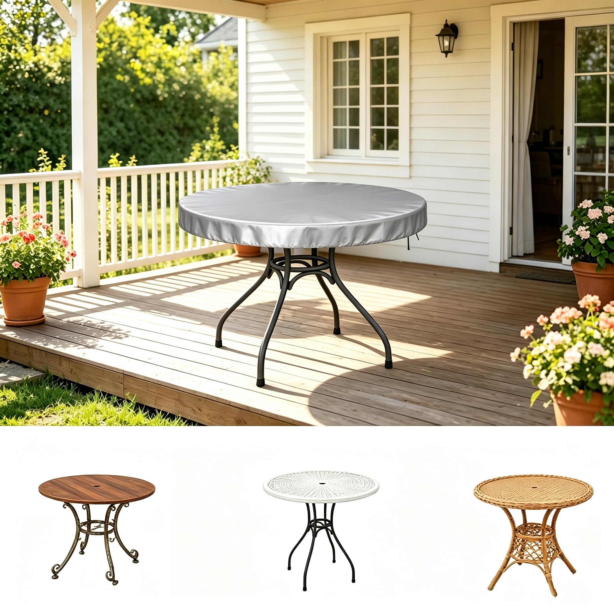 DSRDRFG Circular Garden Table Top Covers Ø280x15cm 420D Oxford Fabric Waterproof Round Outdoor Table Cover, Windproof Anti-UV Round Garden Furniture Covers for Patio Tables Bistro and Folding, Silver
