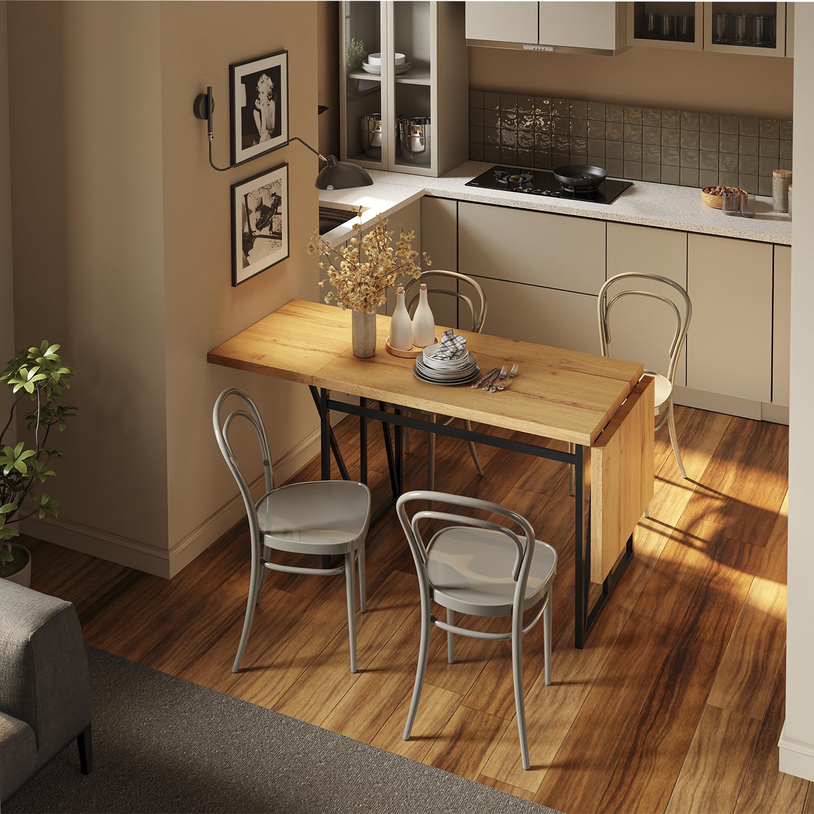 SoBuy Esstisch klappbar für 2-8 Personen, platzsparend, 65x(110-200) x76cm | Küchentisch ausziehbar, stabile Tischplatte in Holzoptik & Metallgestell, für Küche, Esszimmer & Arbeitsbereich, FWT113-N